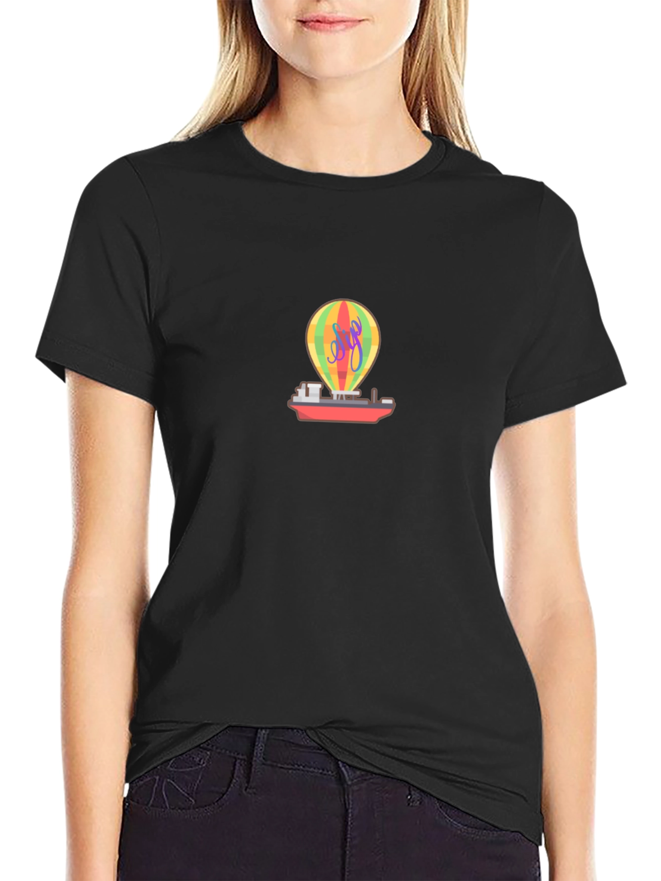 Black Novelty Black T-Shirt with Hot Air Balloon & Boat Graphic view 2