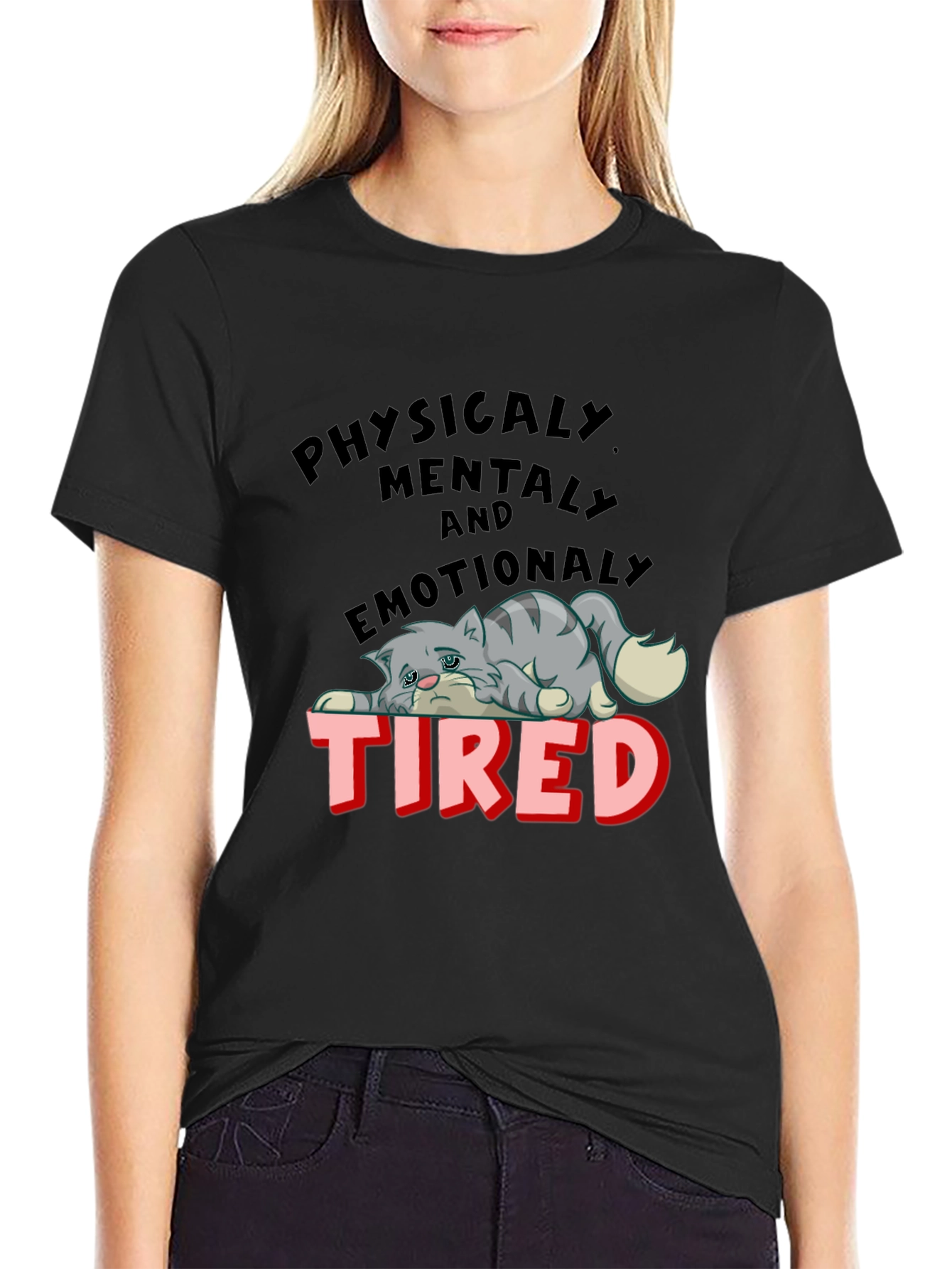 Black Emotionally Tired Cat Graphic Tee view 2
