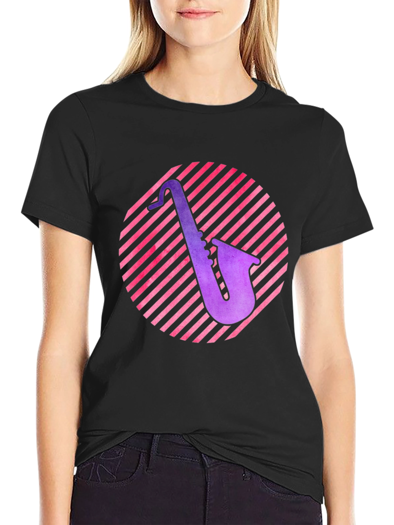 Black Saxophone Circle Graphic Tee - Black Cotton Shirt view 2