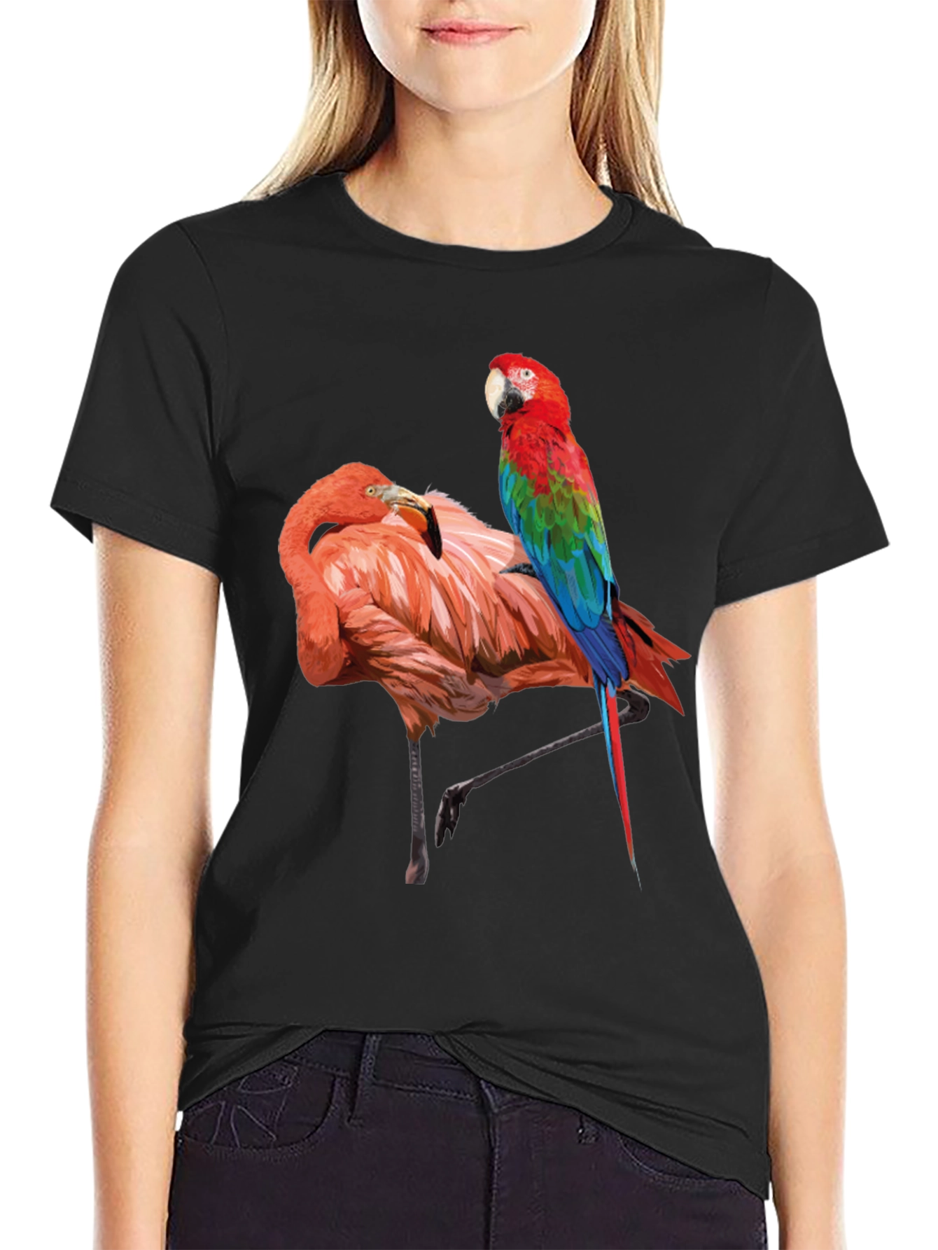 Flamingo Parrot Graphic Tee - Men's Black T-Shirt - 2