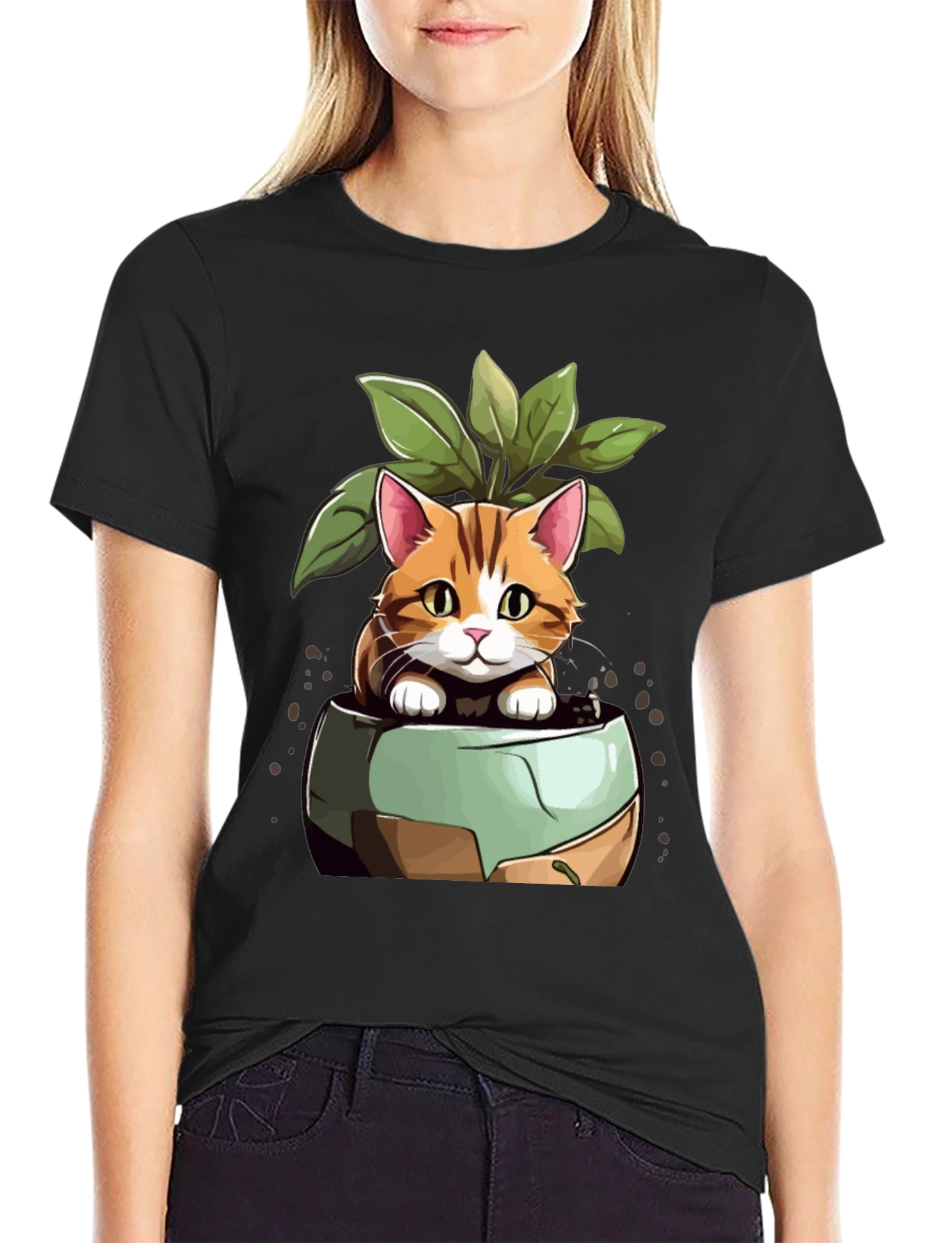Black Cat in Pot Plant T-Shirt - Unique Design view 2