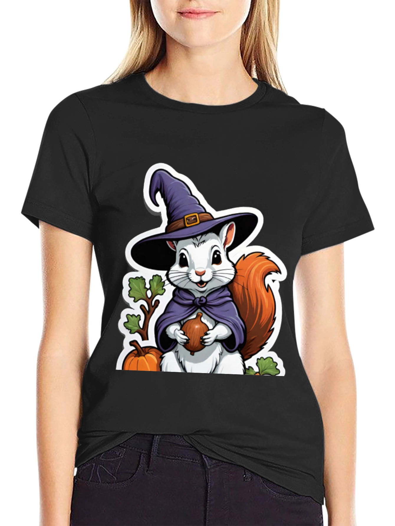 Black Whimsical Squirrel Witch T-Shirt view 2