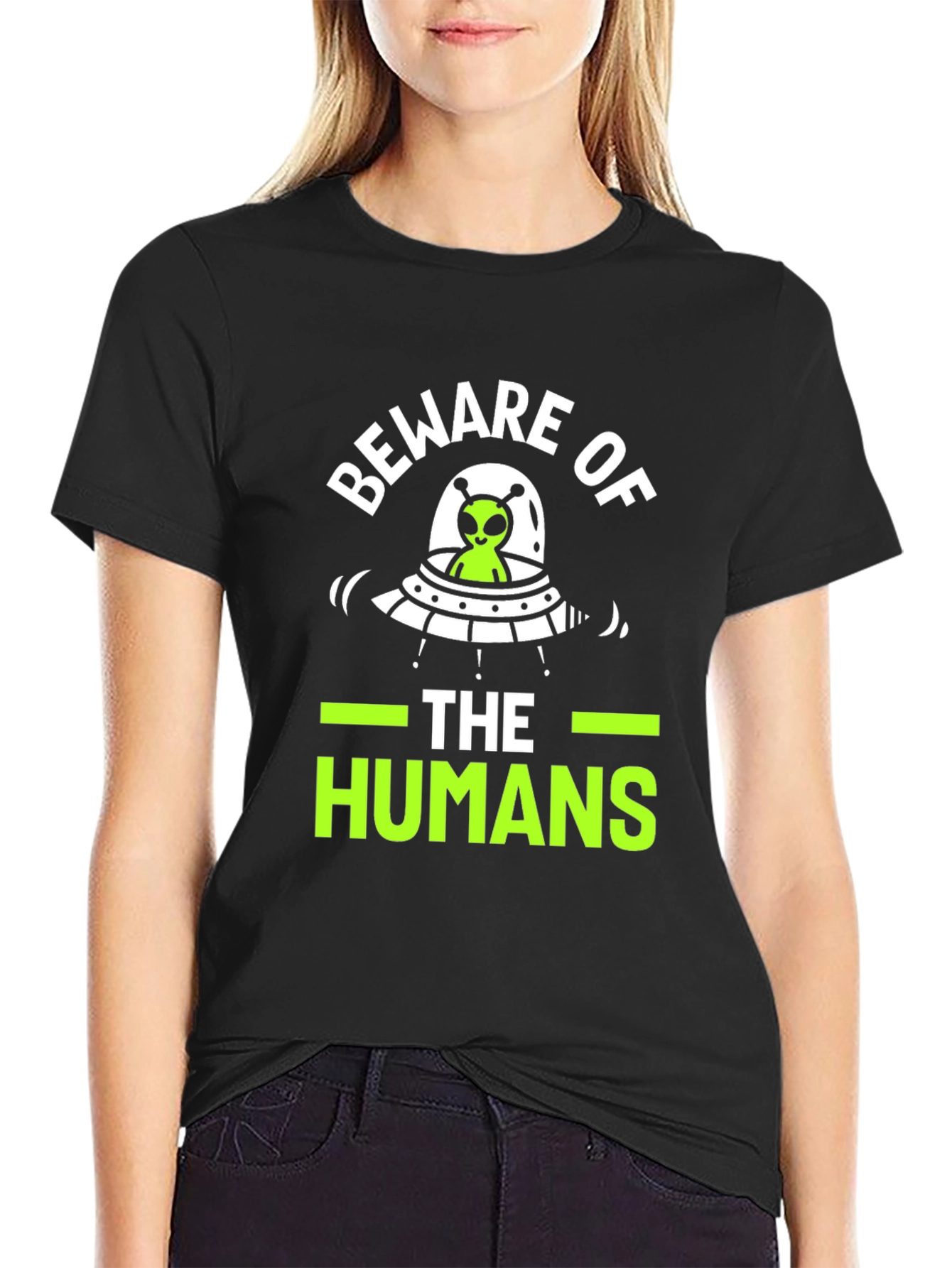 Black Beware of The Humans Alien UFO Graphic T-Shirt view 2