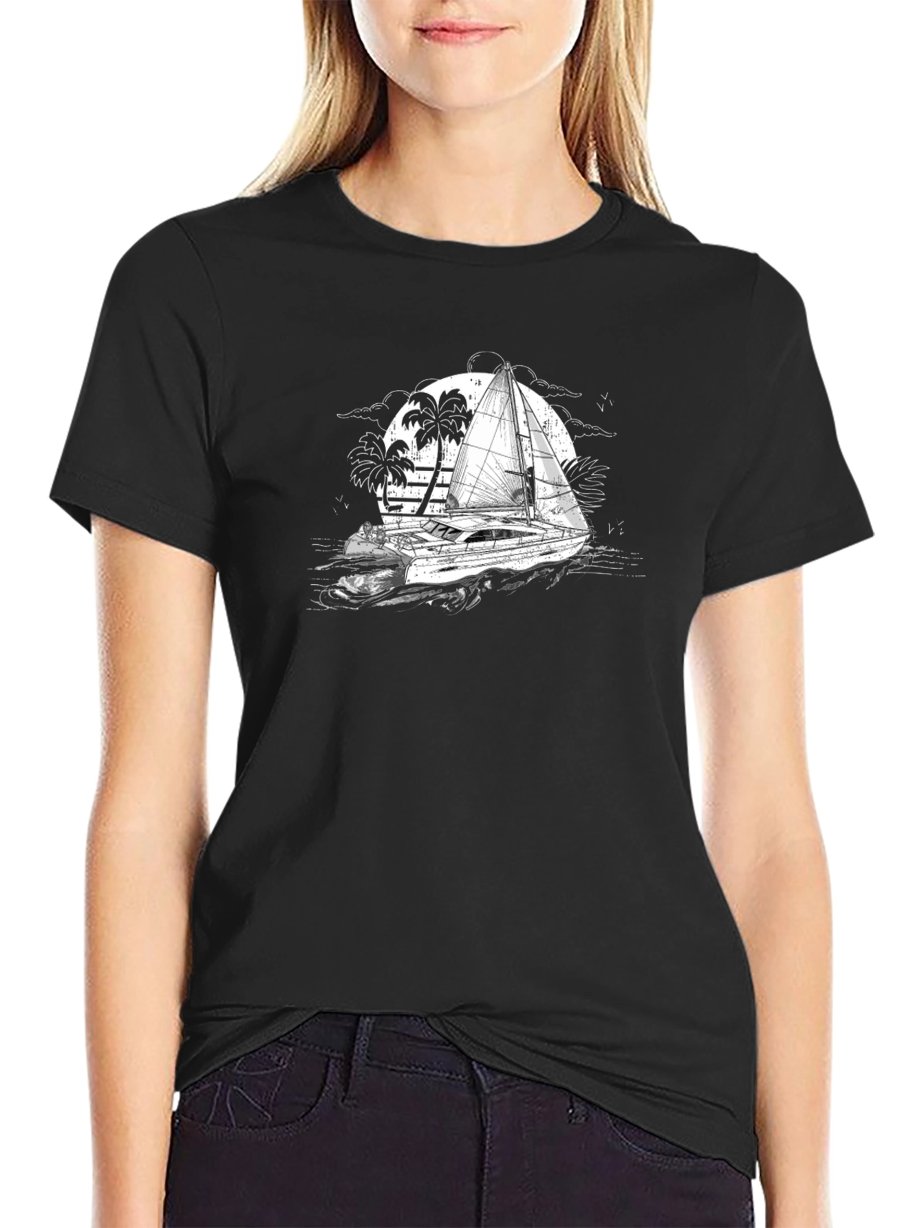 Black Black T-Shirt with Sailing Boat Graphic view 2