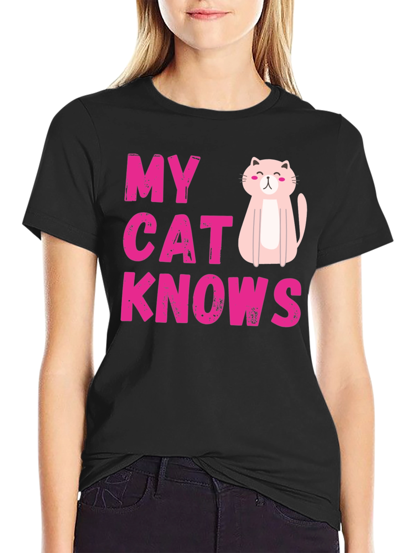 Black My Cat Knows T-Shirt - Cute Pink Graphic Tee view 2