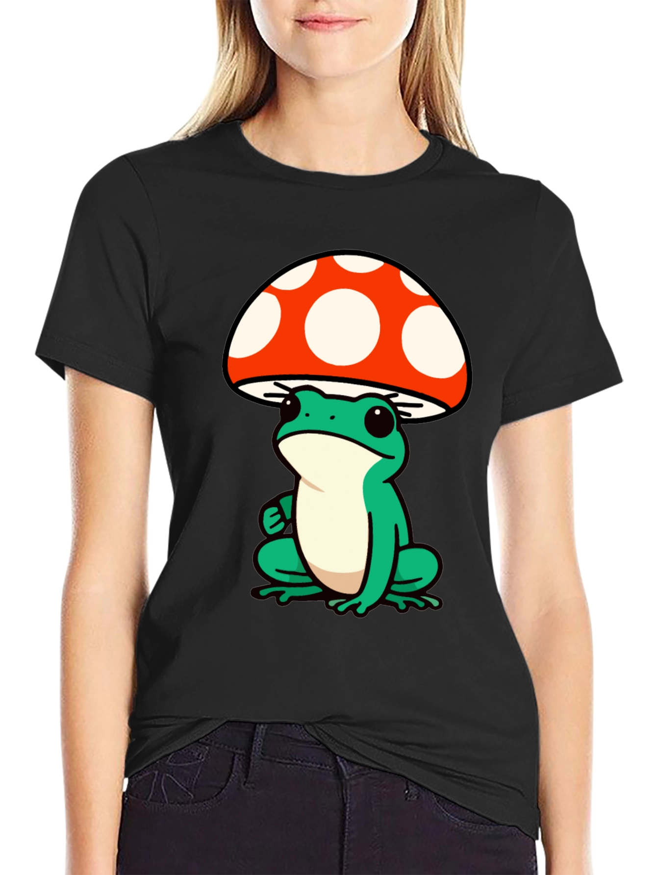 Black Frog Mushroom Graphic Tee - Black Cotton T-Shirt view 2