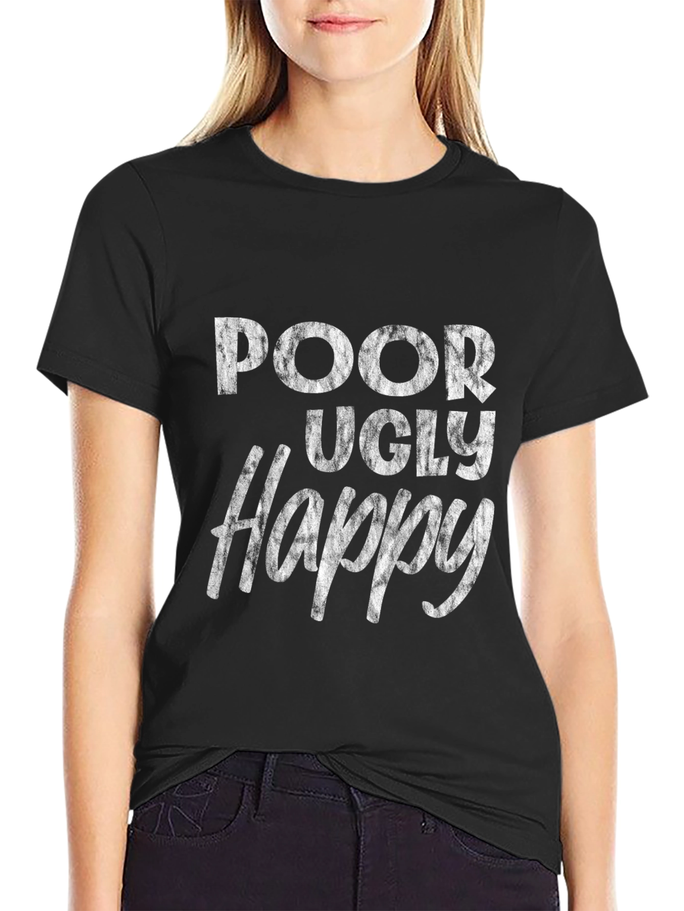Black Poor Ugly Happy Graphic Tee - Casual Black T-Shirt view 2
