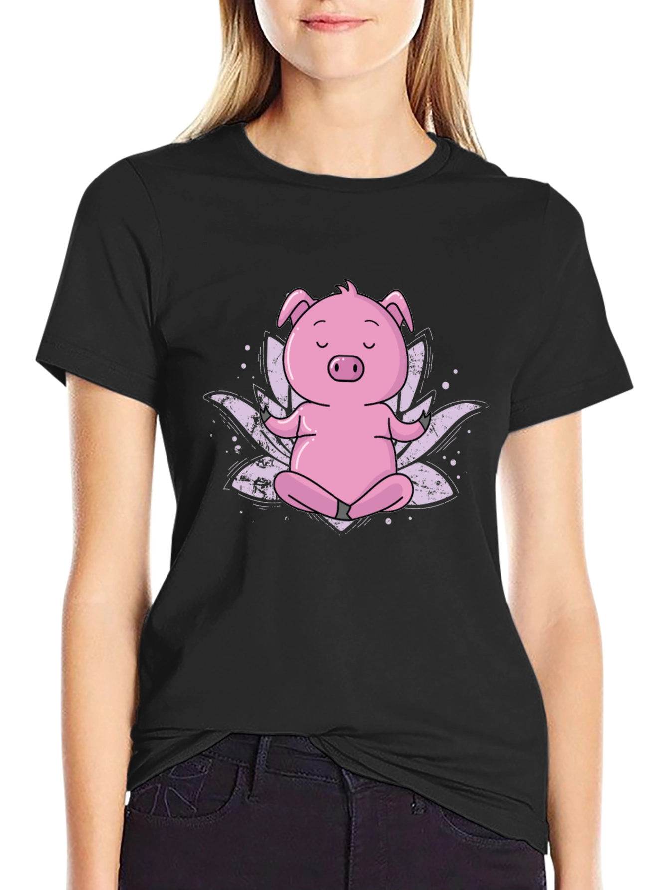 Black Zen Pig Black T-Shirt - Meditating Cartoon Animal view 2