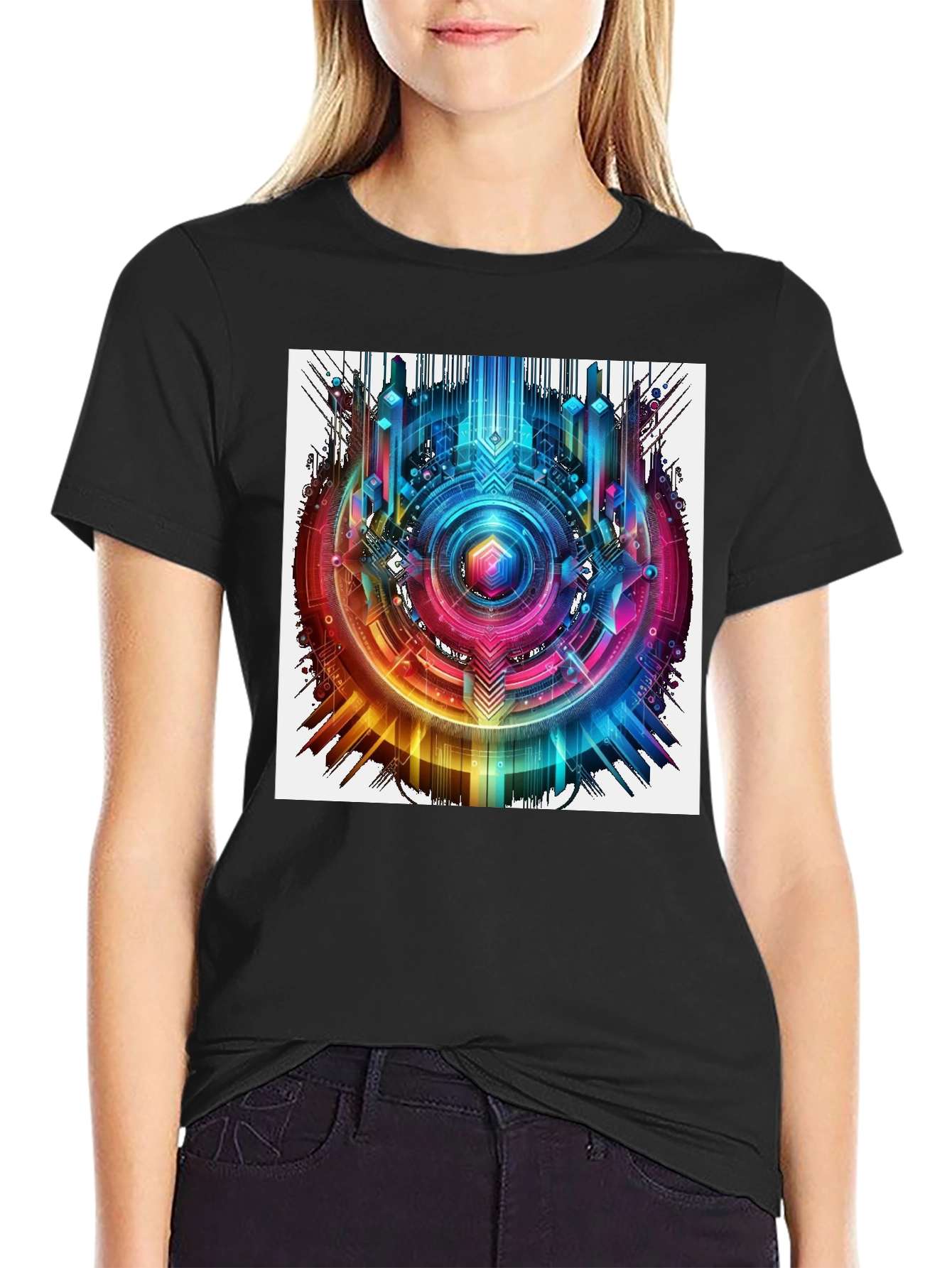 Black Abstract Geometric Rainbow Circle Graphic T-Shirt view 2