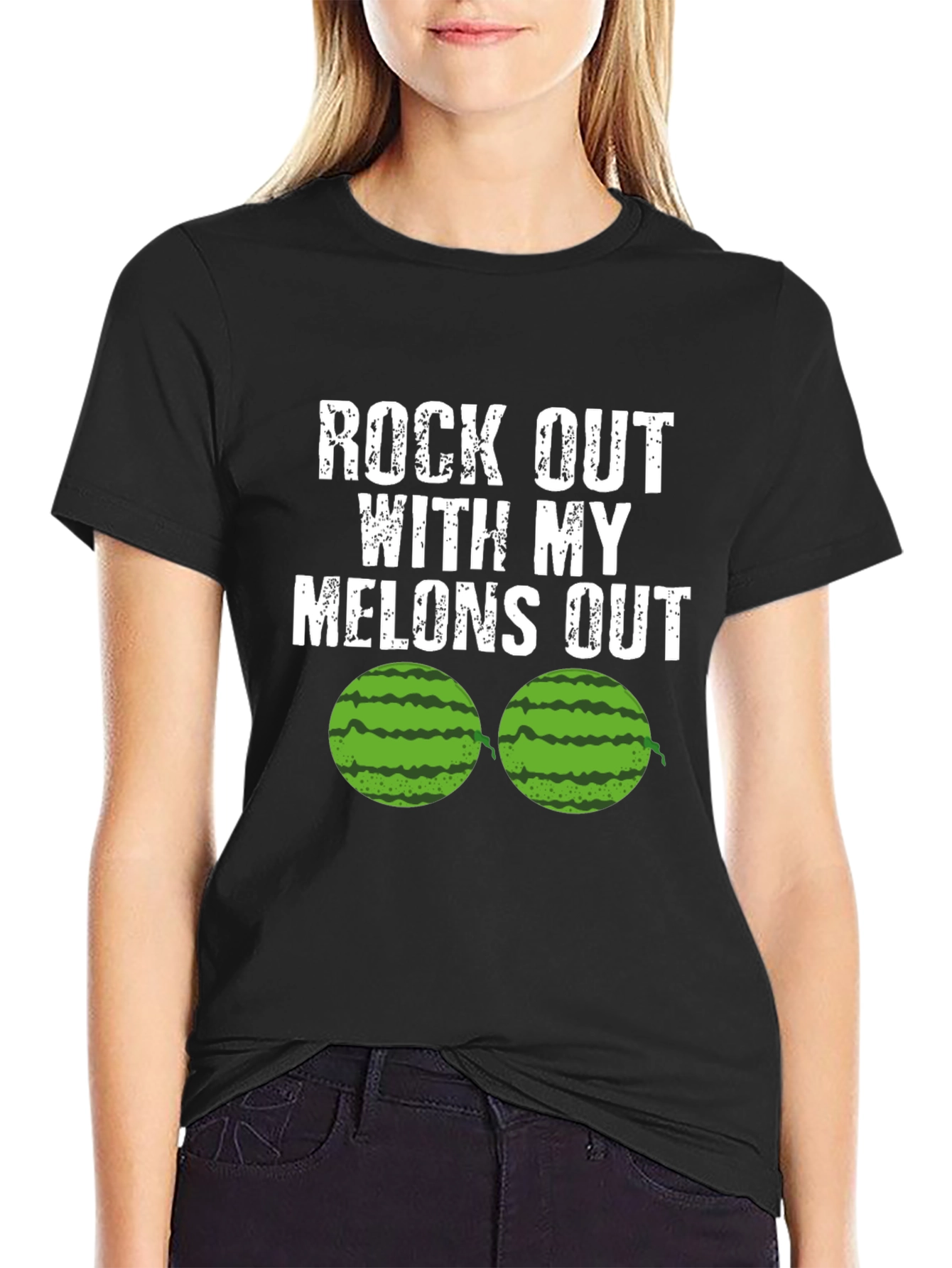 Black Rock Out With My Melons Out Funny T-Shirt view 2