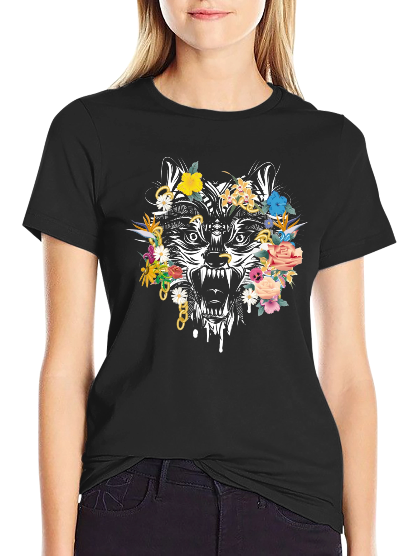 Black Floral Wolf Graphic Tee - Men's Black T-Shirt view 2