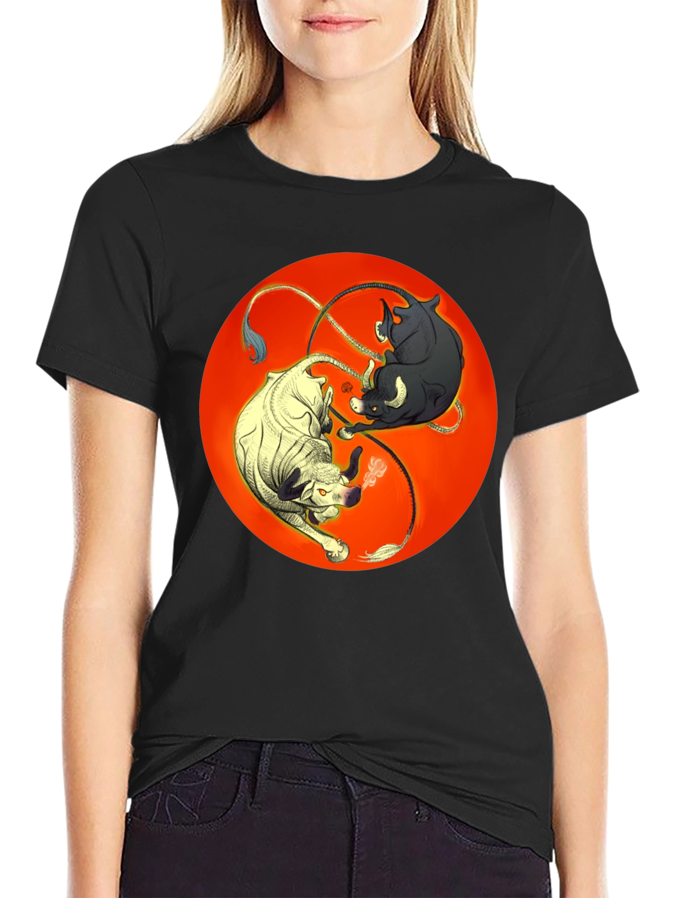 Black Yin Yang Bulls Graphic Tee - Unique Black T-Shirt view 2