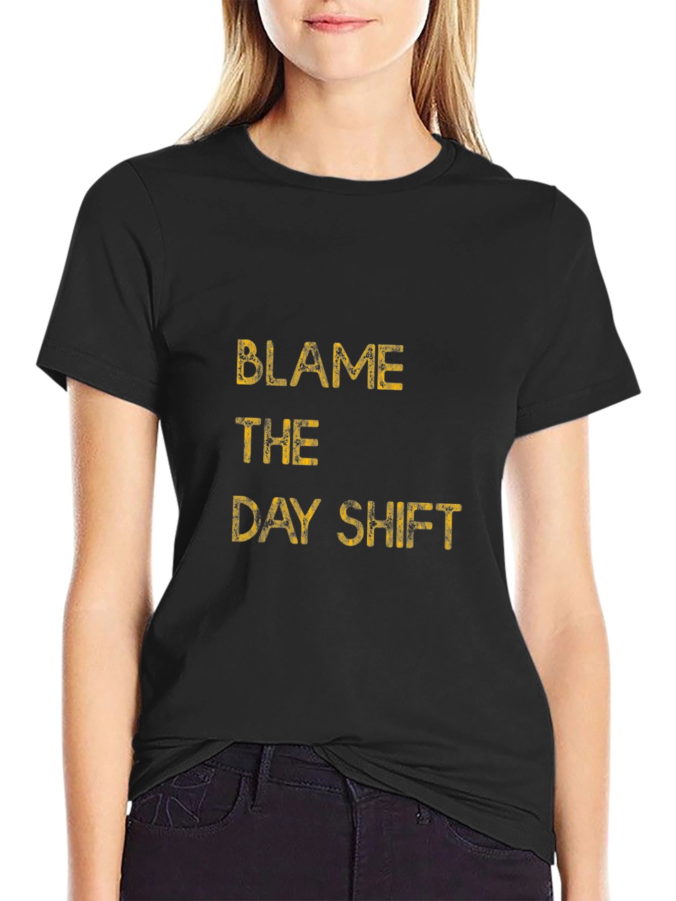 Black Blame the Day Shift Graphic Tee - Black Cotton T-Shirt view 2