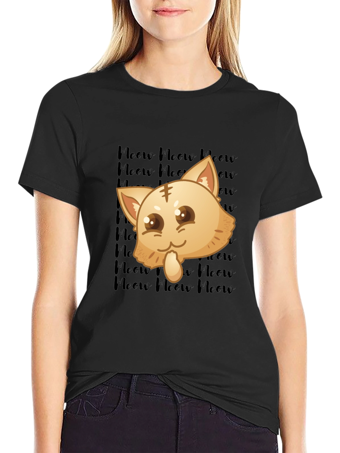 Black Kawaii Meow Cat T-Shirt view 2