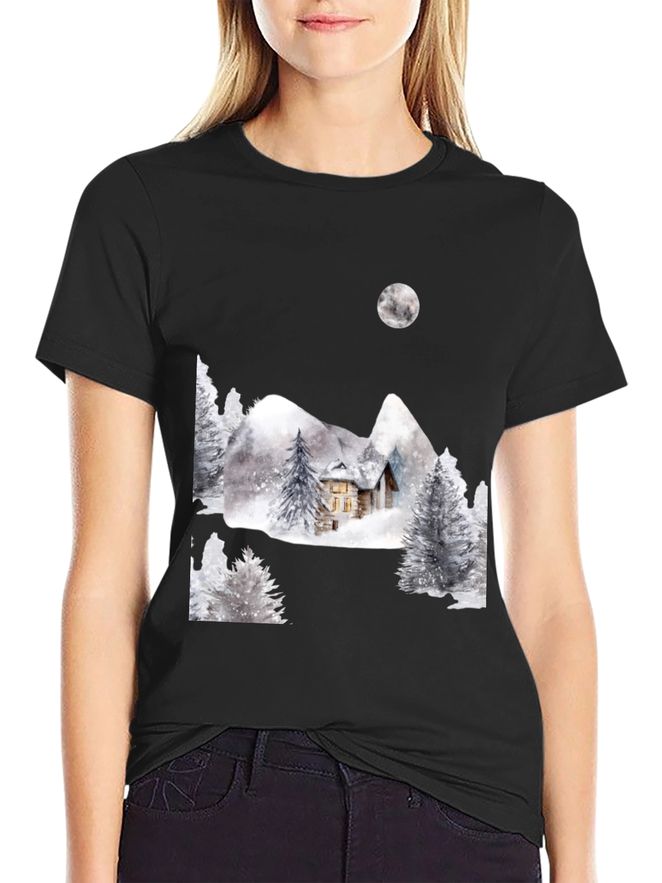 Black Winter Cabin Scene Black T-Shirt view 2