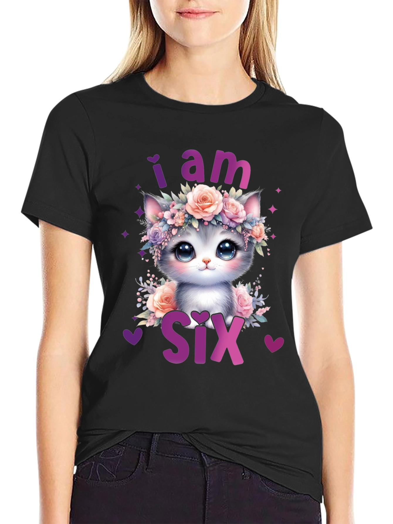 Black Cute Cat "I am Six" Birthday T-Shirt view 2