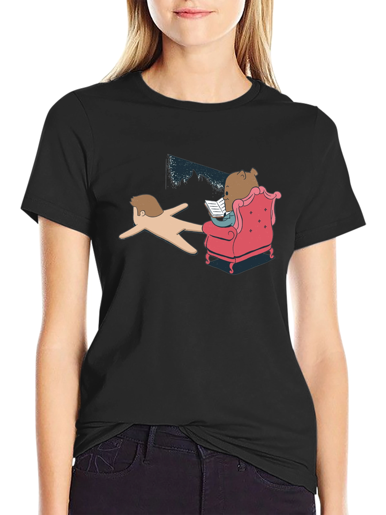 Black Funny Reading Bear Black T-Shirt view 2