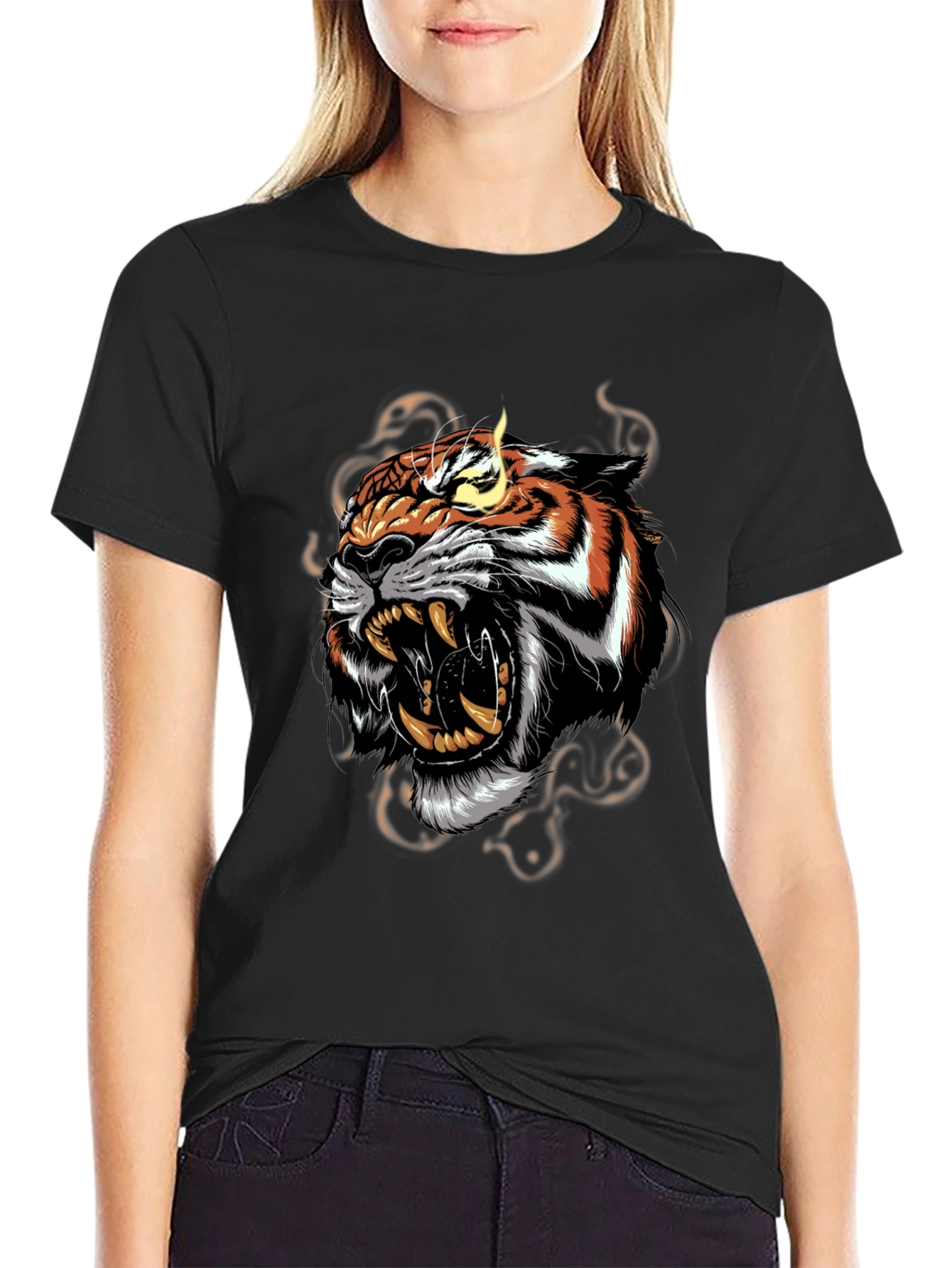 Black Men's Black T-Shirt with Roaring Tiger Graphic view 2