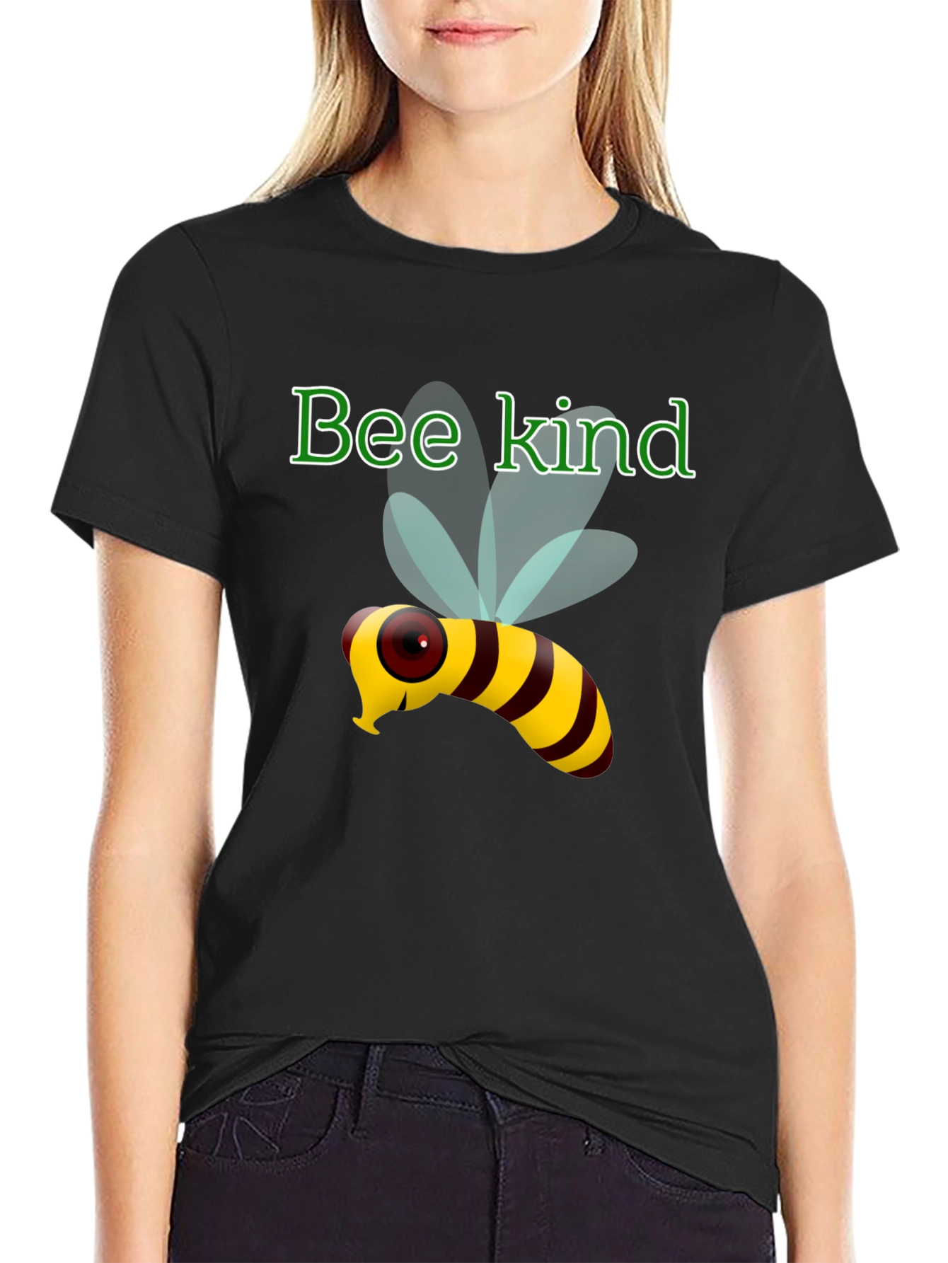 Black Bee Kind T-Shirt - Black Cotton Tee with Cute Bee Design view 2