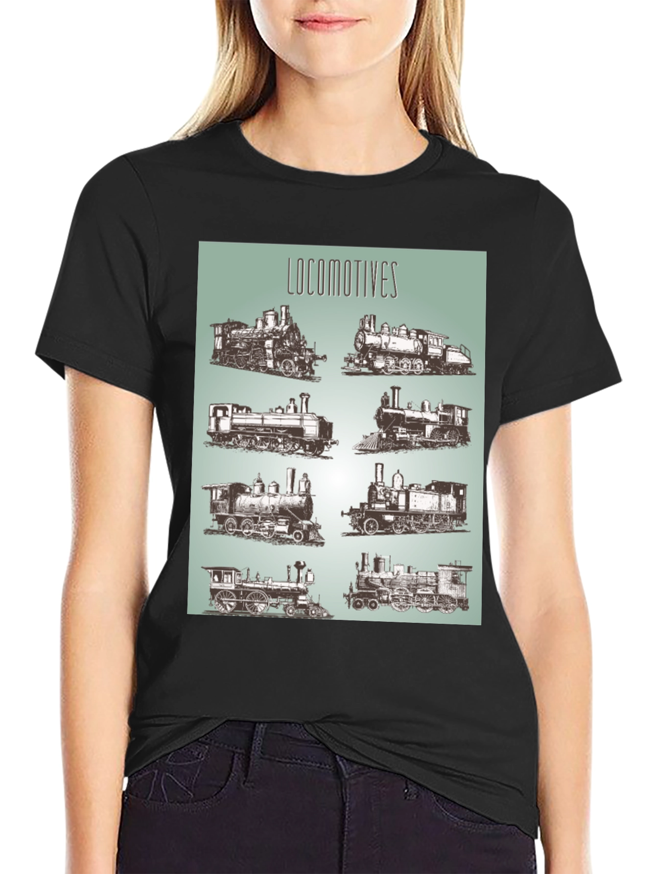 Black Locomotive Train Graphic Tee - Black Cotton T-Shirt view 2