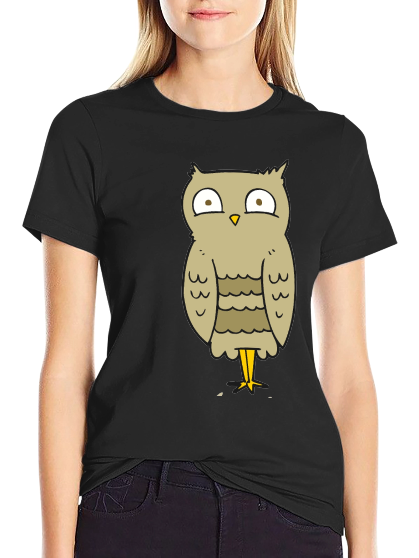 Black Funny Owl Cartoon T-Shirt - Unisex Black Tee view 2