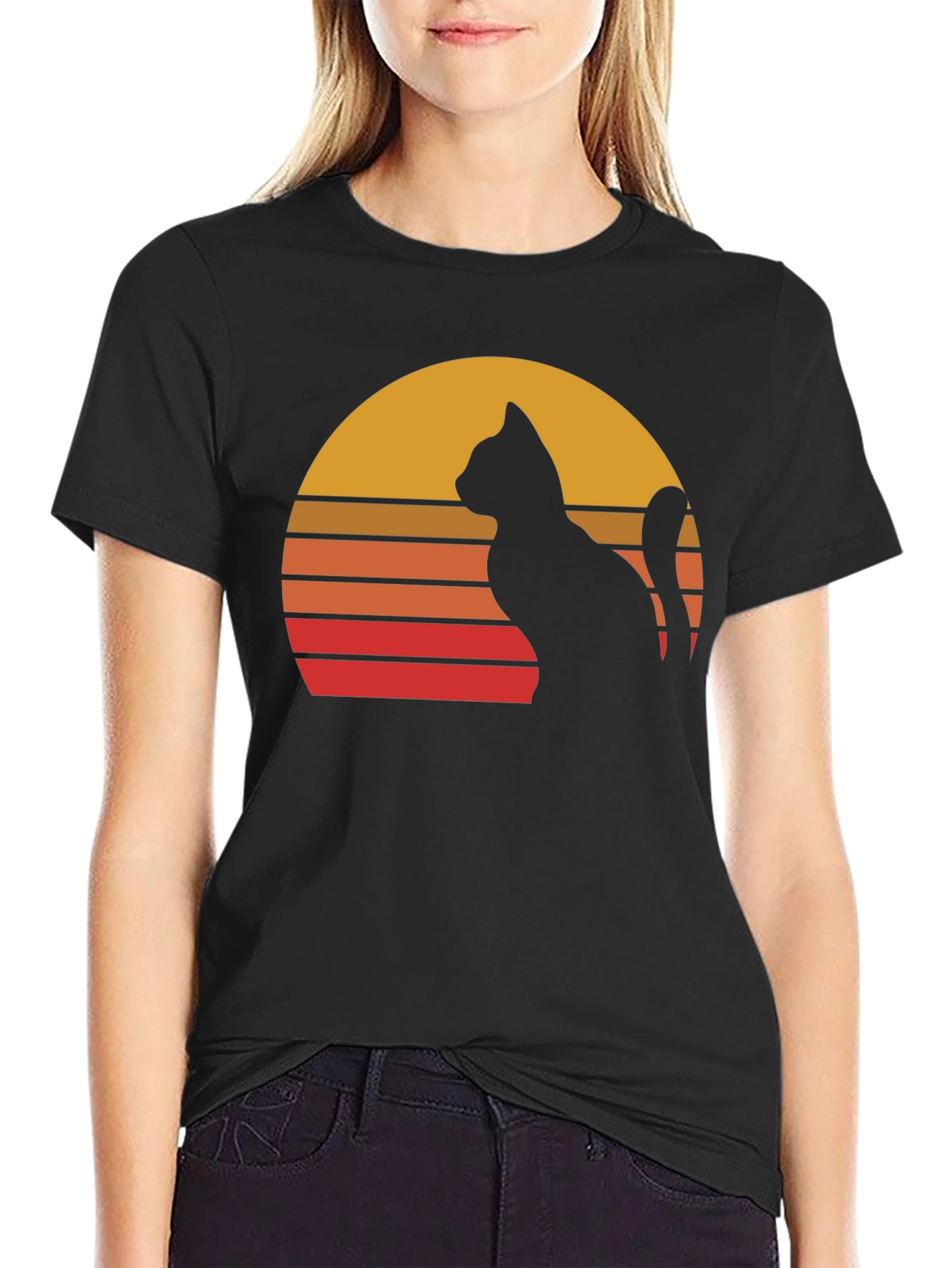 Black Retro Cat Sunset Graphic Tee - Black Cotton Blend Shirt view 2