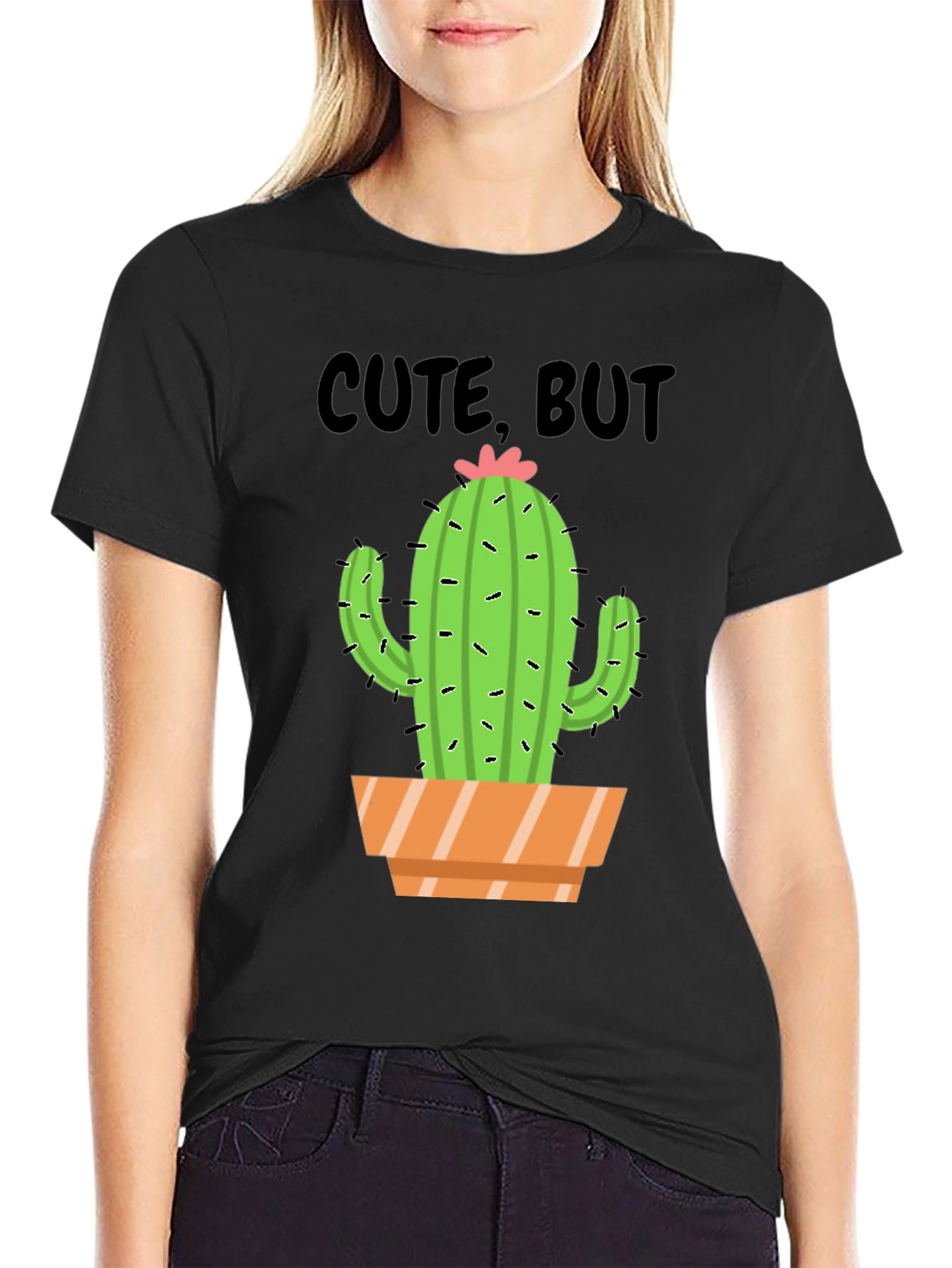 Black Cute But Prickly Cactus Graphic Tee - Unisex Cotton T-Shirt view 2