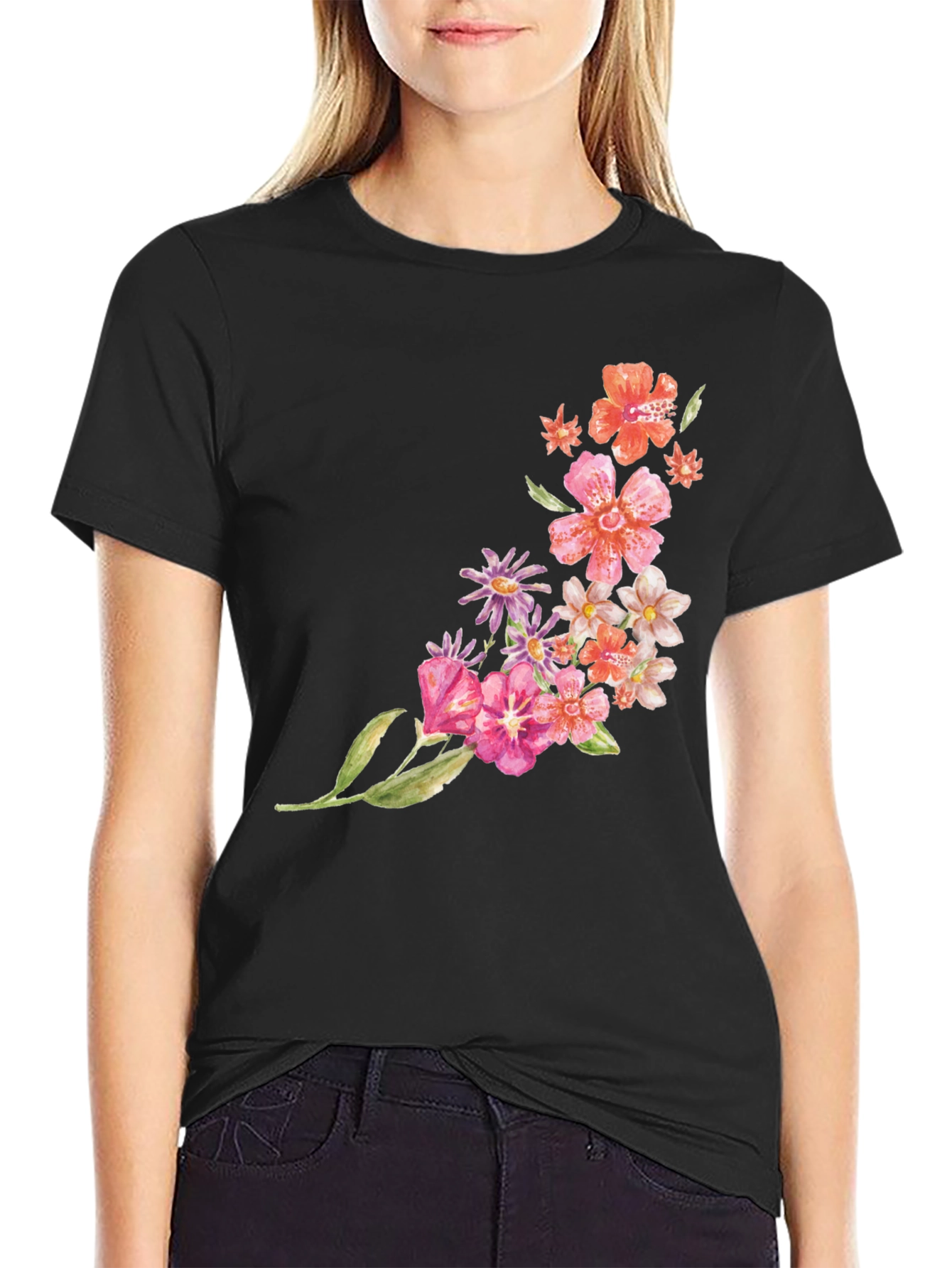 Black Floral Print Crew Neck T-Shirt - Casual Style view 2