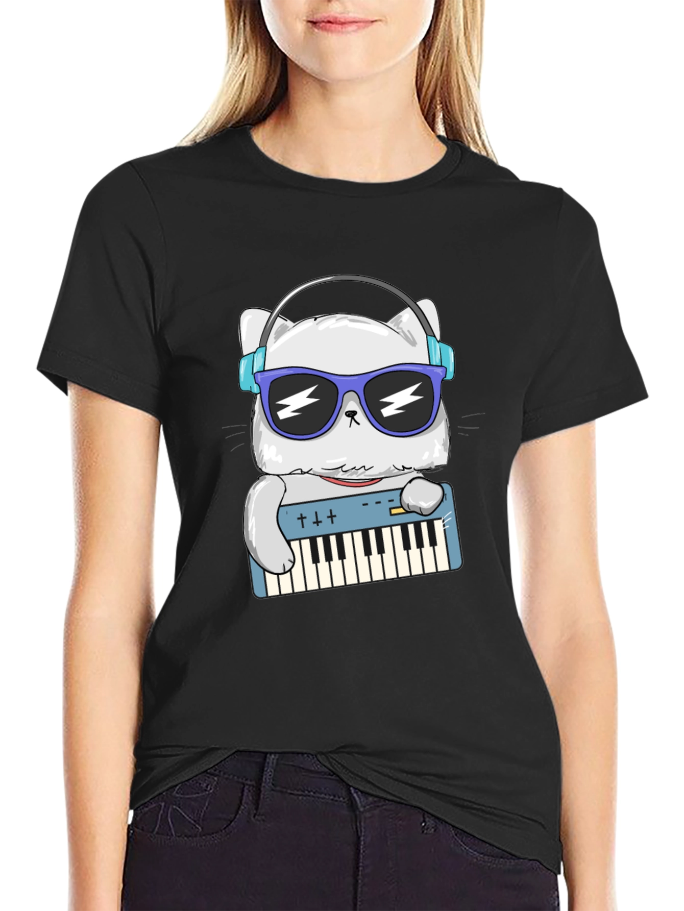 Black Cool Cat Musician Graphic T-Shirt view 2
