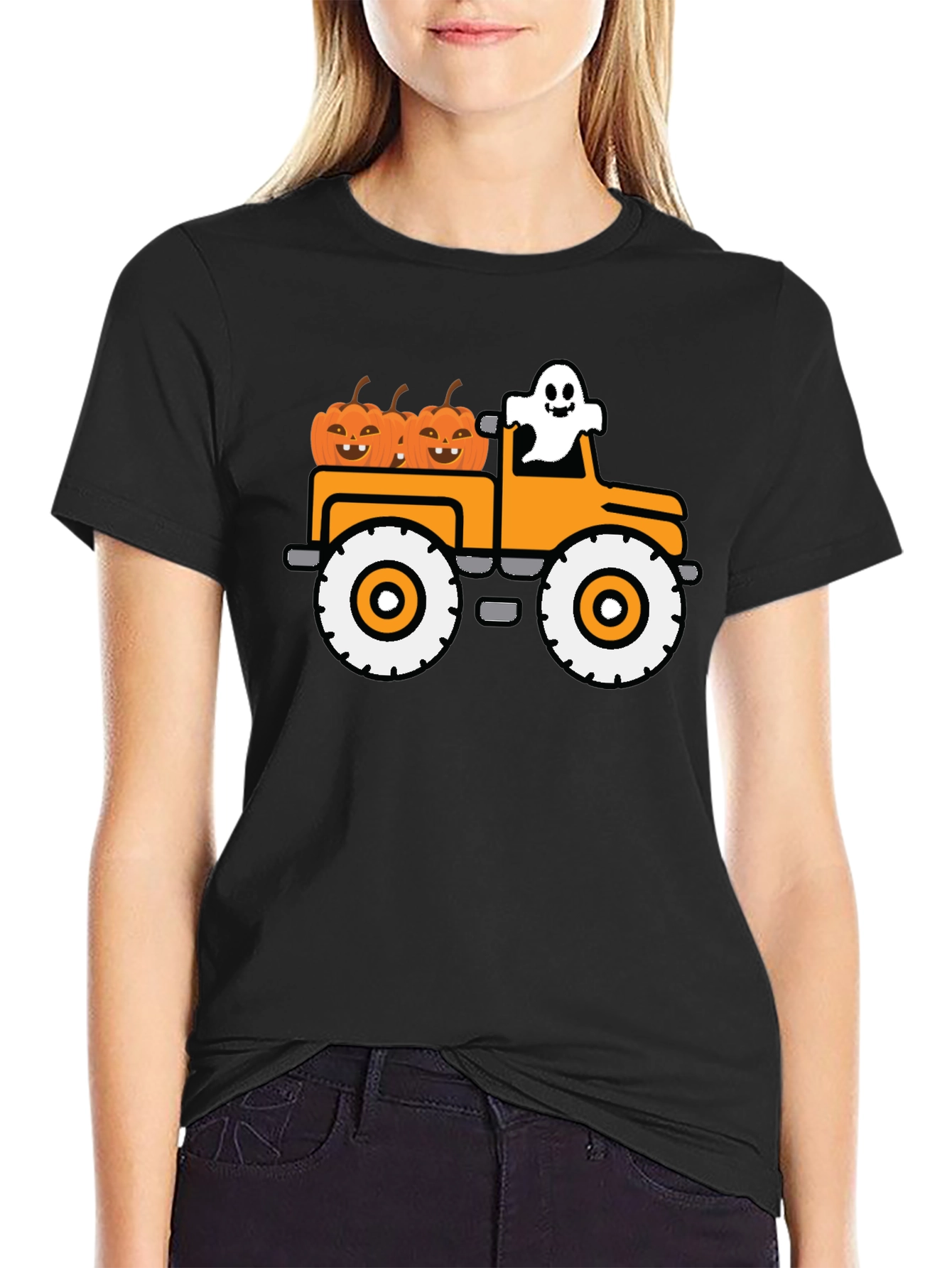 Black Halloween Ghost Pumpkin Truck T-Shirt view 2