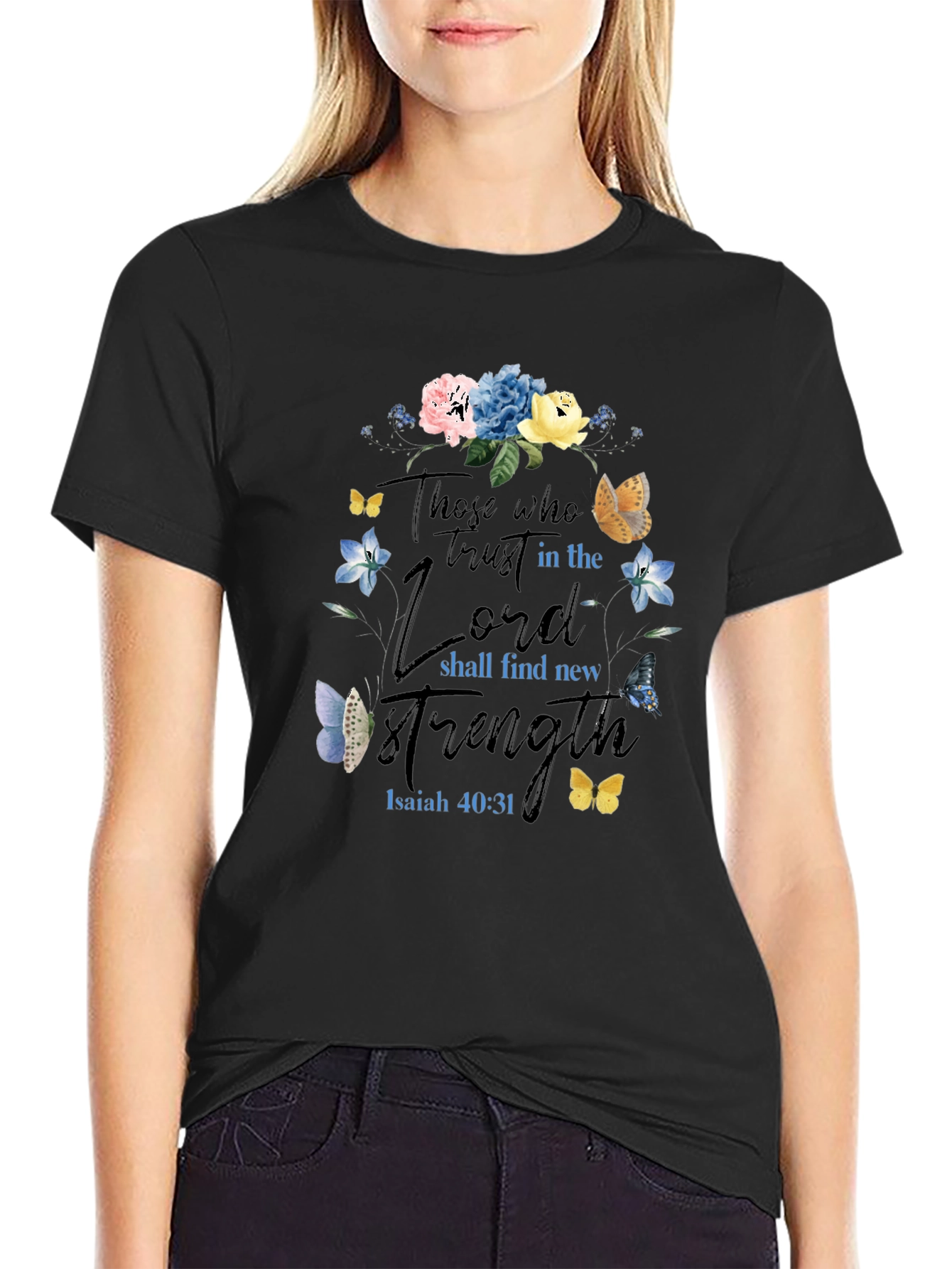 Black Faith-Based Floral T-Shirt - Isaiah 40:31 view 2