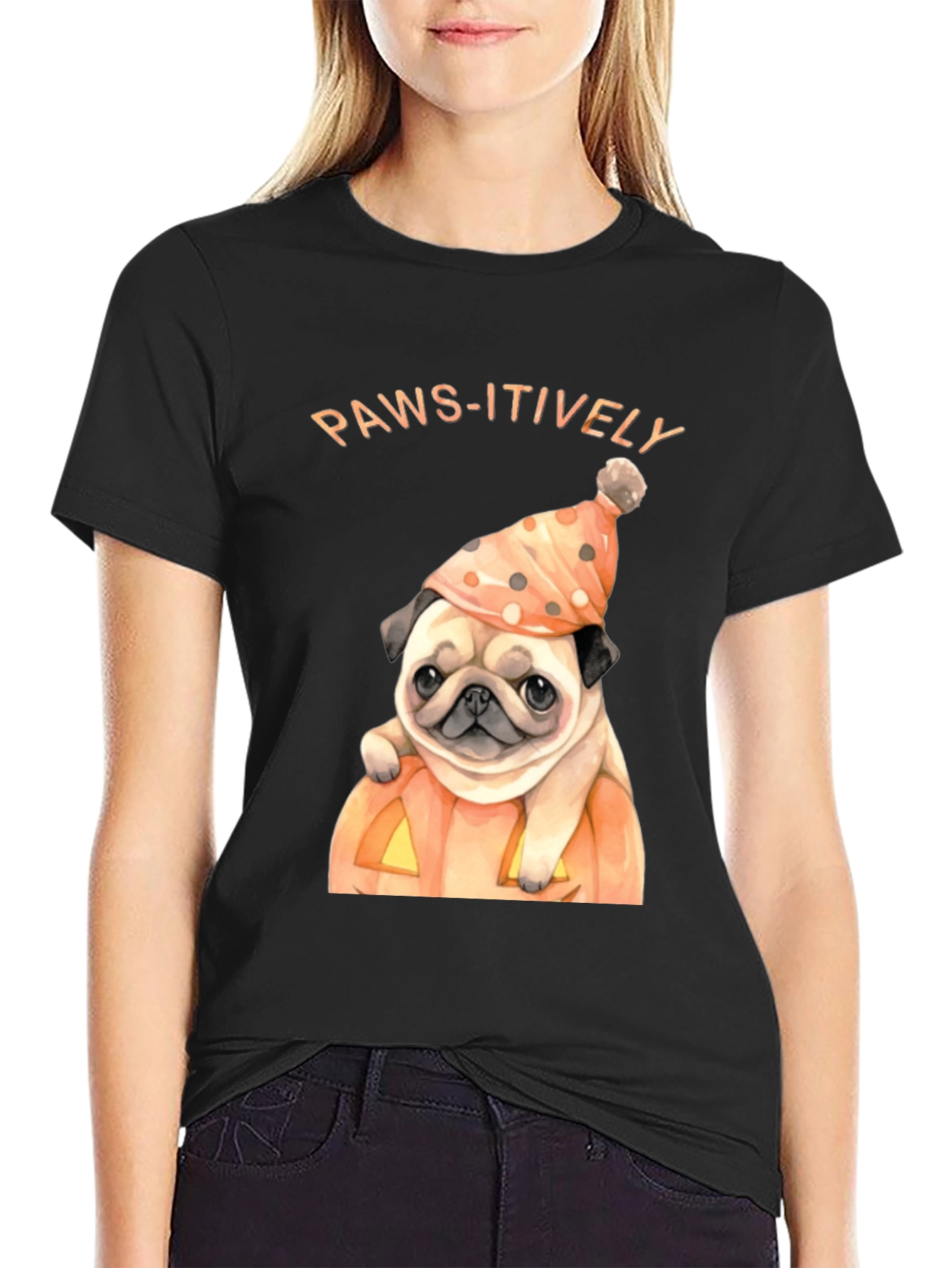 Black Paws-itively Halloween Pug T-Shirt view 2