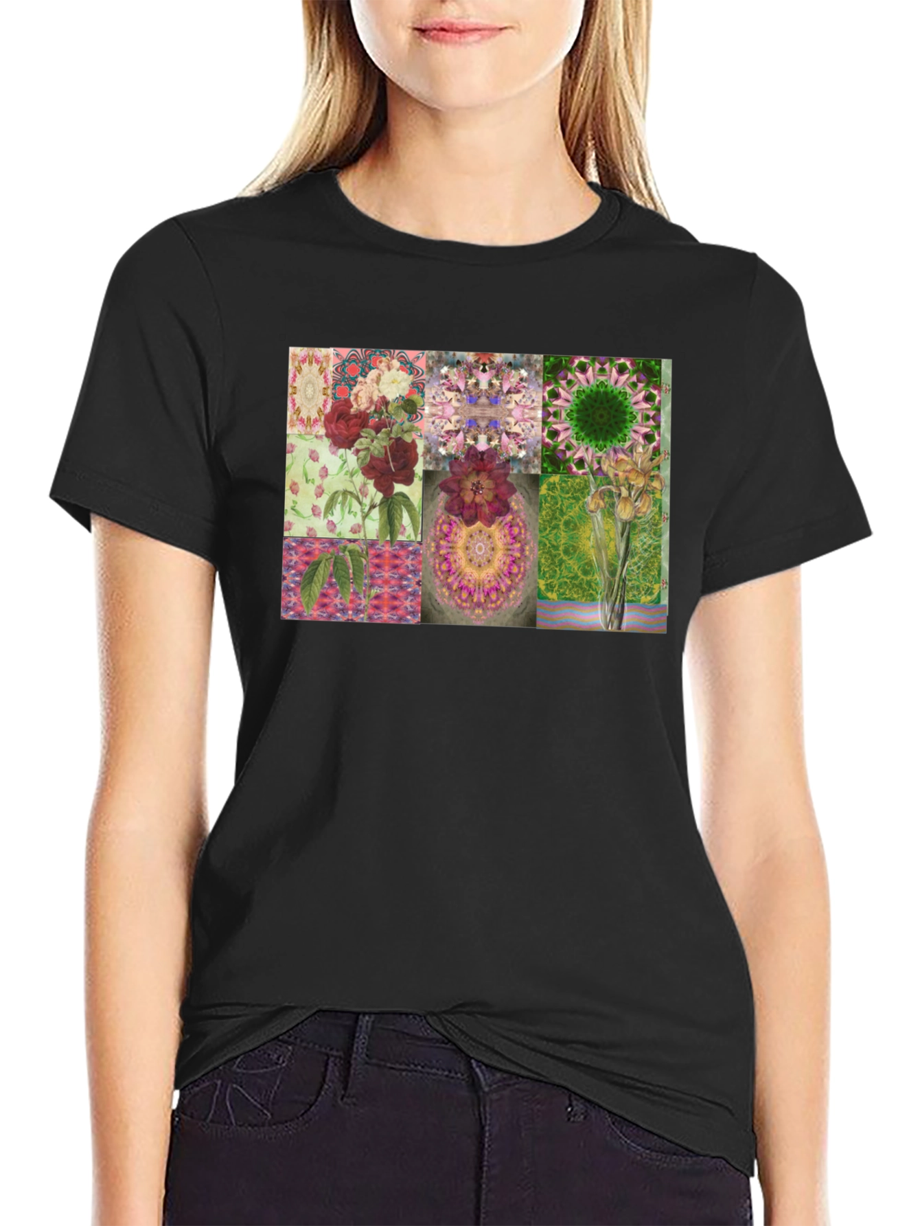 Black Floral Collage Print Black T-Shirt view 2