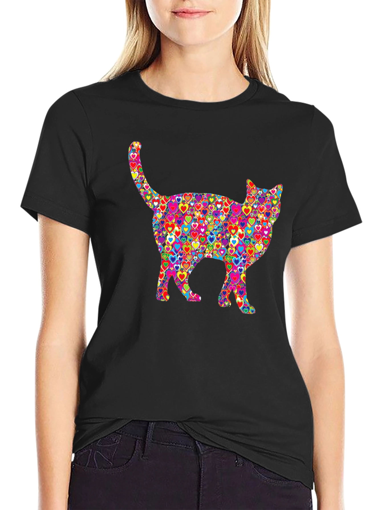 Black Colorful Heart Cat Graphic T-Shirt view 2
