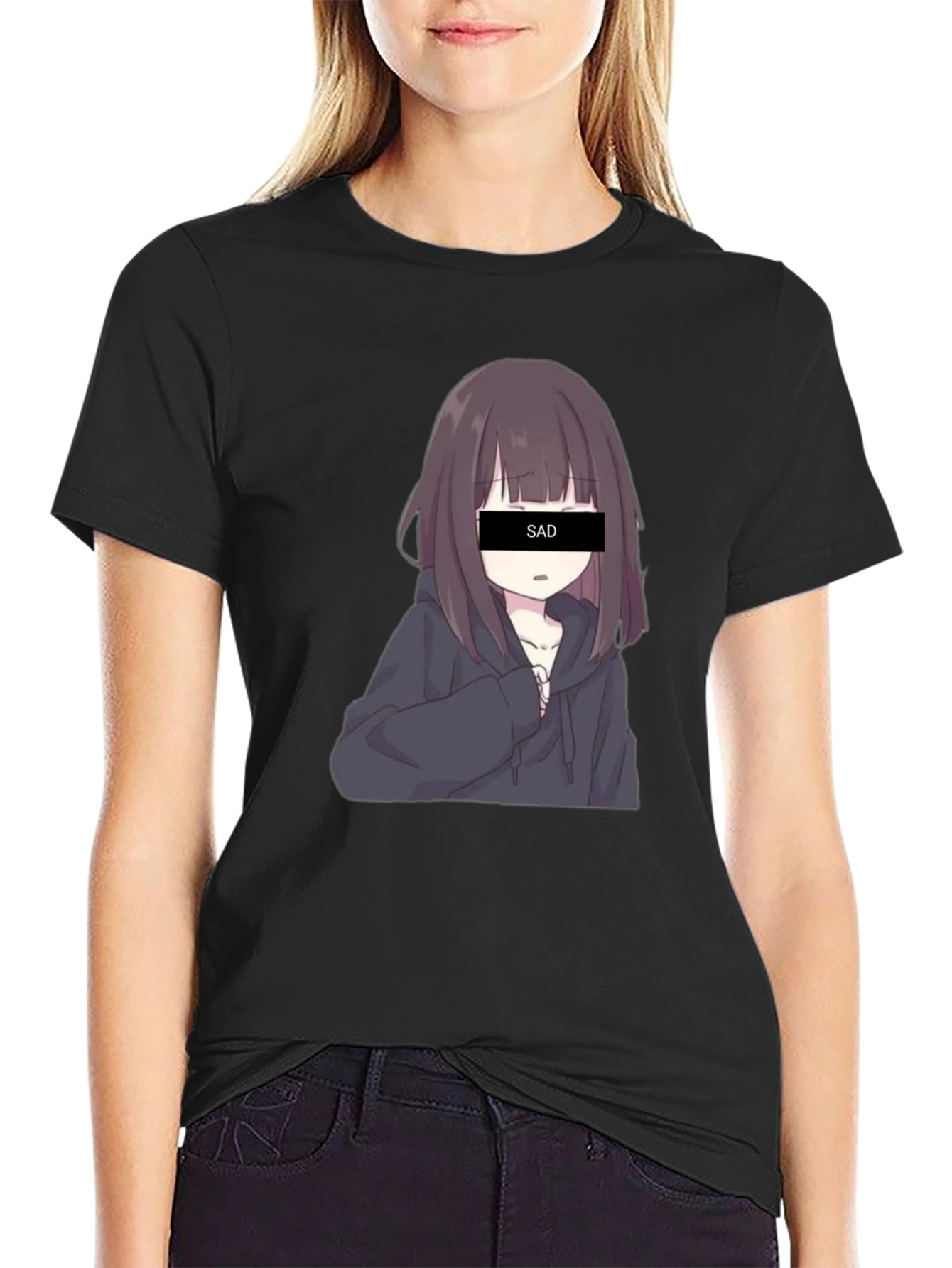 Black Anime Sad Girl Graphic Print Black T-Shirt view 2