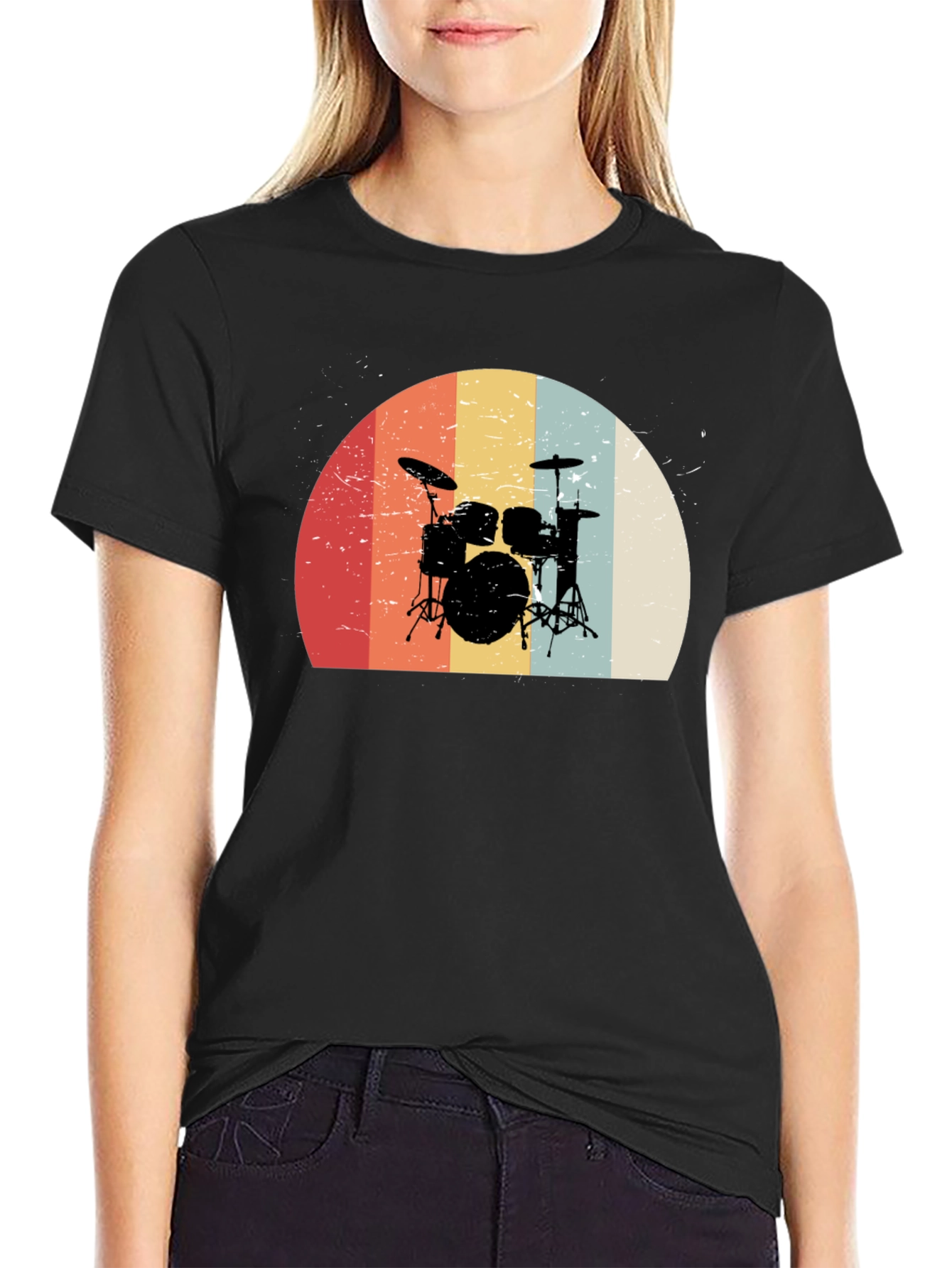 Black Retro Drum Set Graphic Tee - Black view 2