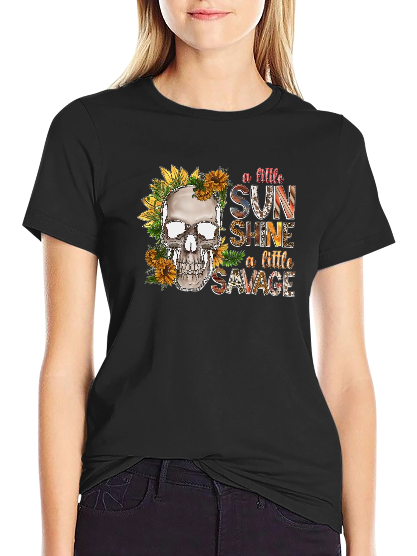 Black Skull Sunflower Graphic Tee: A Little Sunshine, A Little Savage view 2