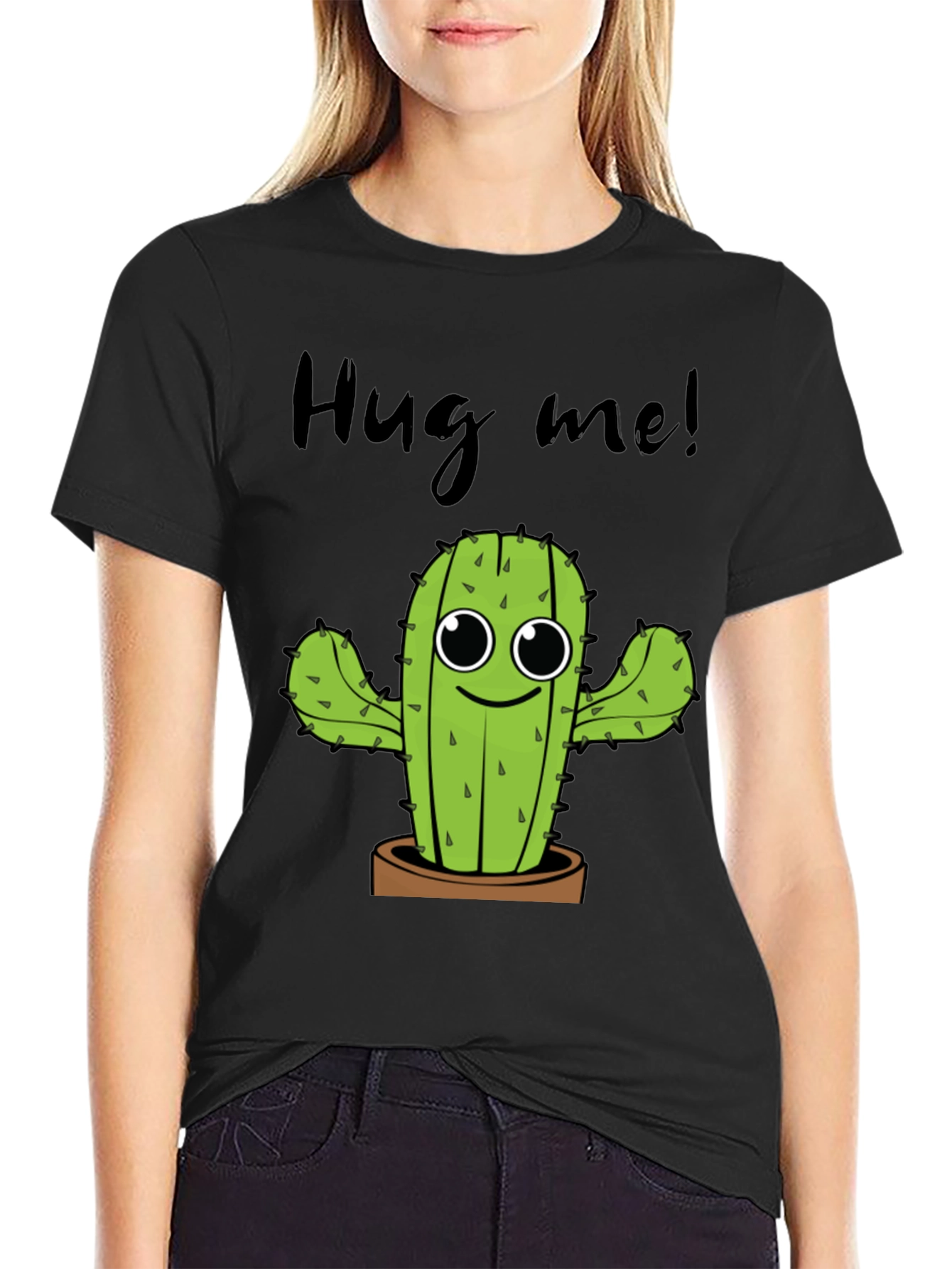 Black Hug Me Cactus Graphic Tee - Unisex Cotton T-Shirt view 2