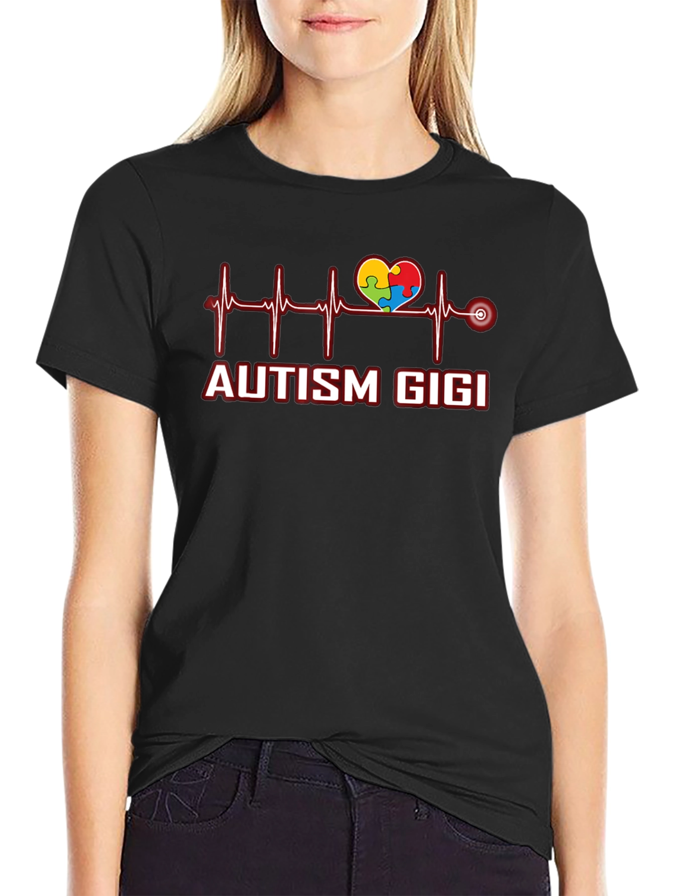 Black Autism Gigi Heartbeat T-Shirt view 2