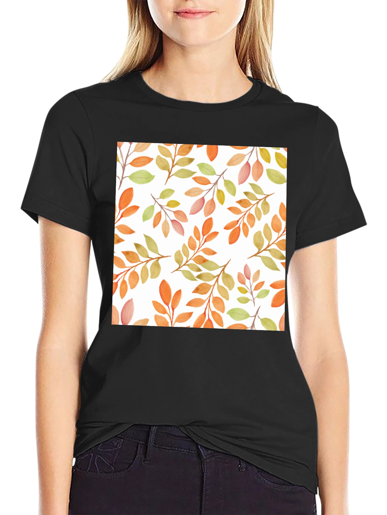 Black Autumn Leaves Pattern Black T-Shirt view 2