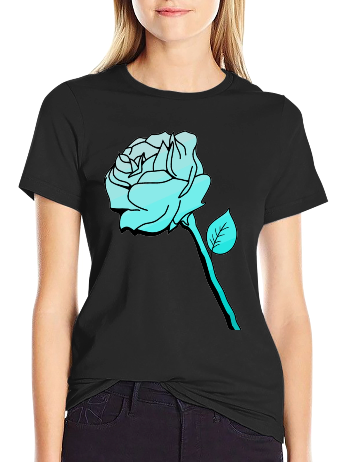 Black Men's Black T-Shirt with Aqua Rose Graphic view 2