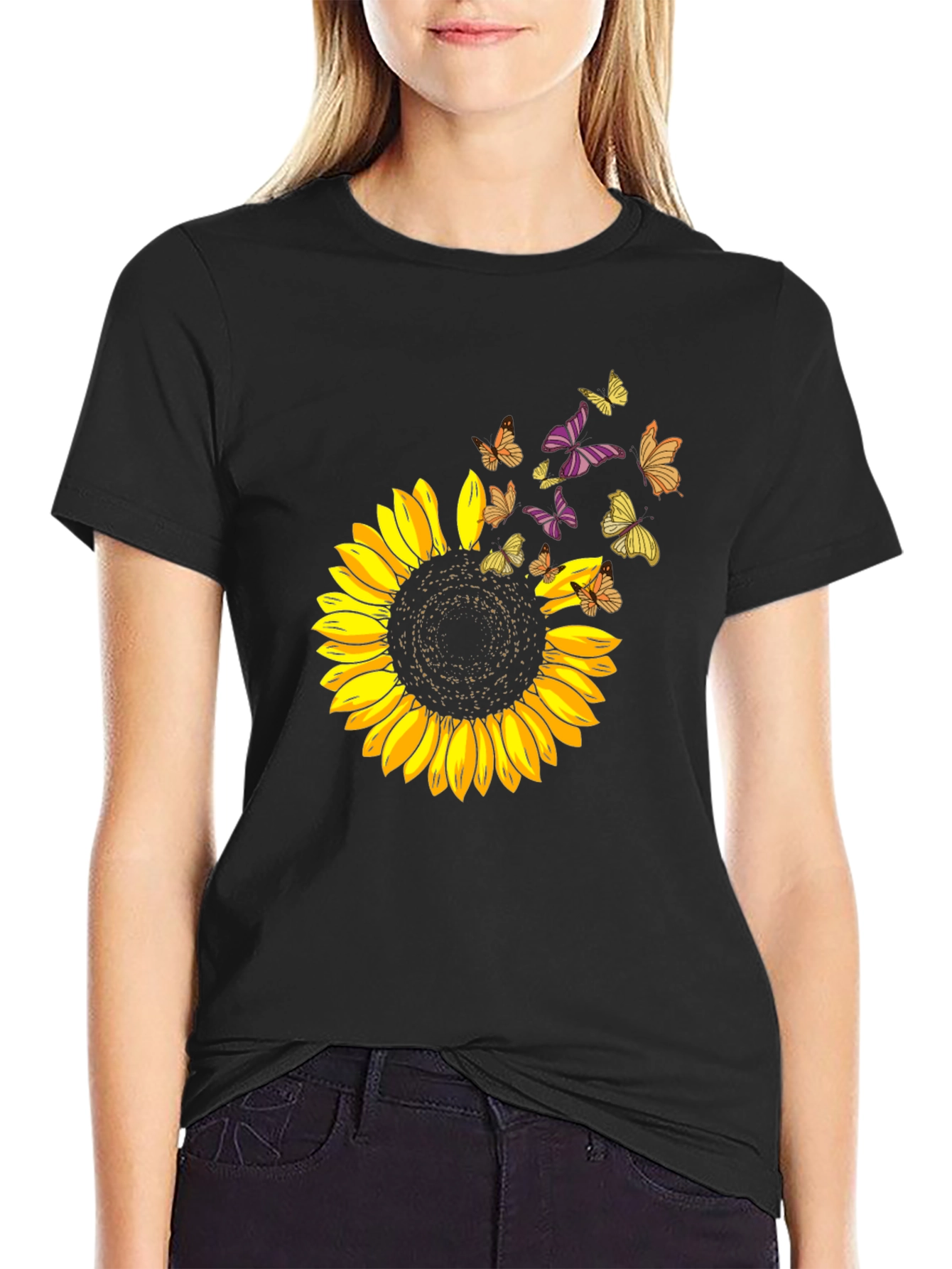 Black Sunflower Butterfly Graphic Tee view 2