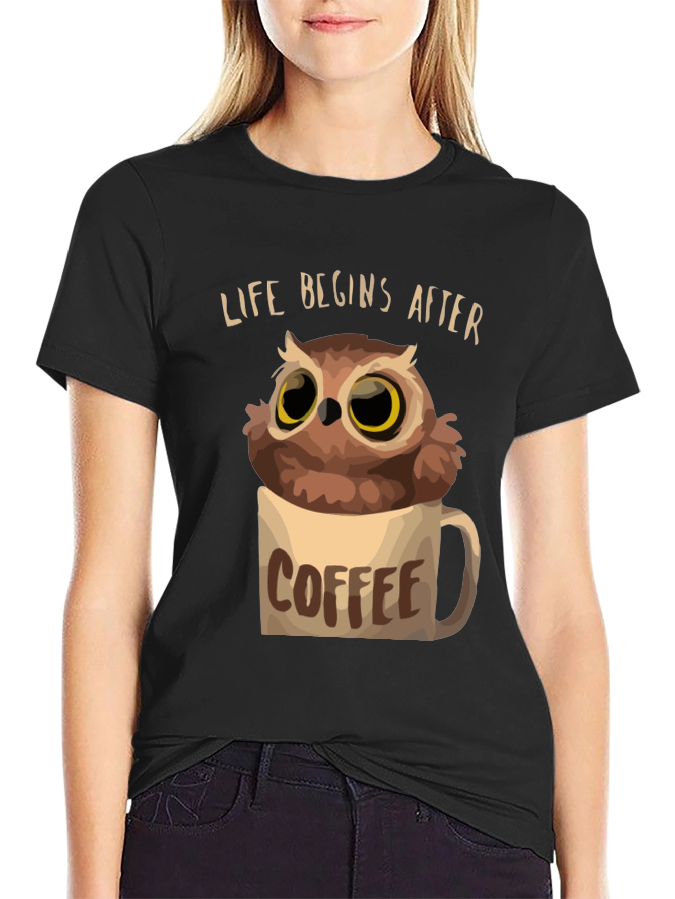 Black Life Begins After Coffee Owl T-Shirt view 2