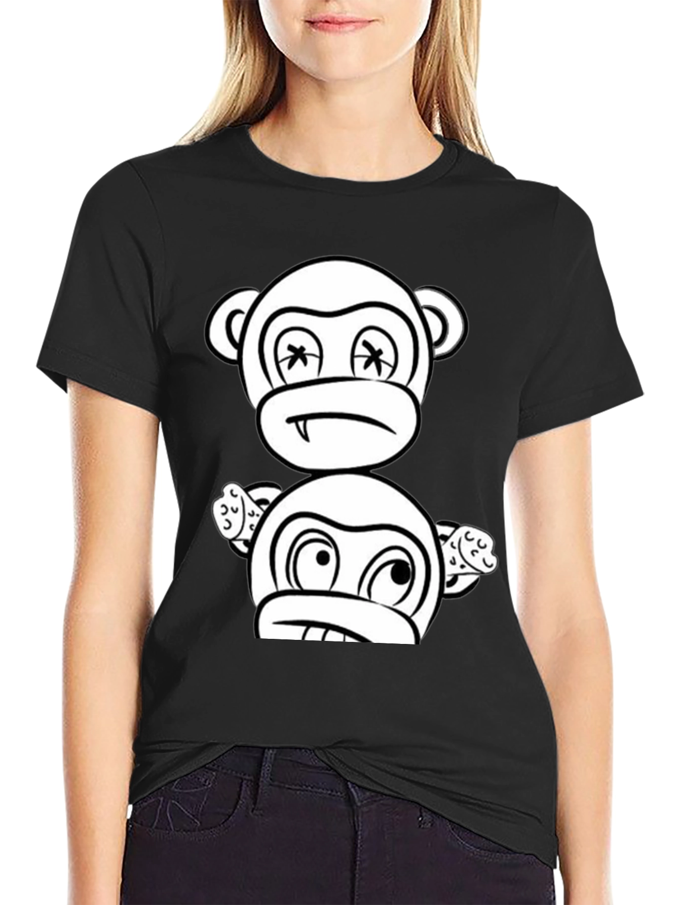 Black Cartoon Monkey Graphic Black T-Shirt view 2