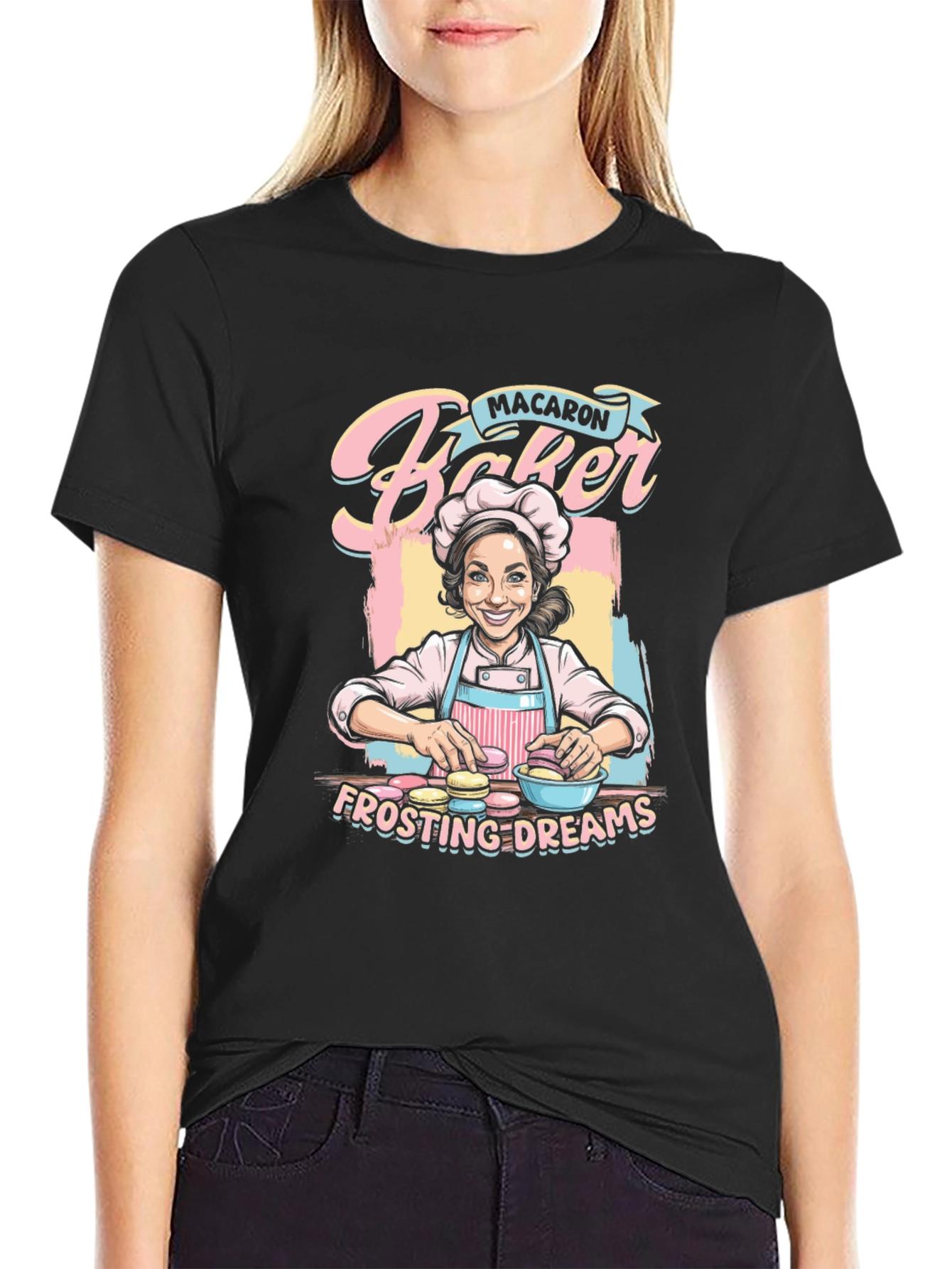 Black Macaron Baker T-Shirt - Frosting Dreams Graphic Tee view 2