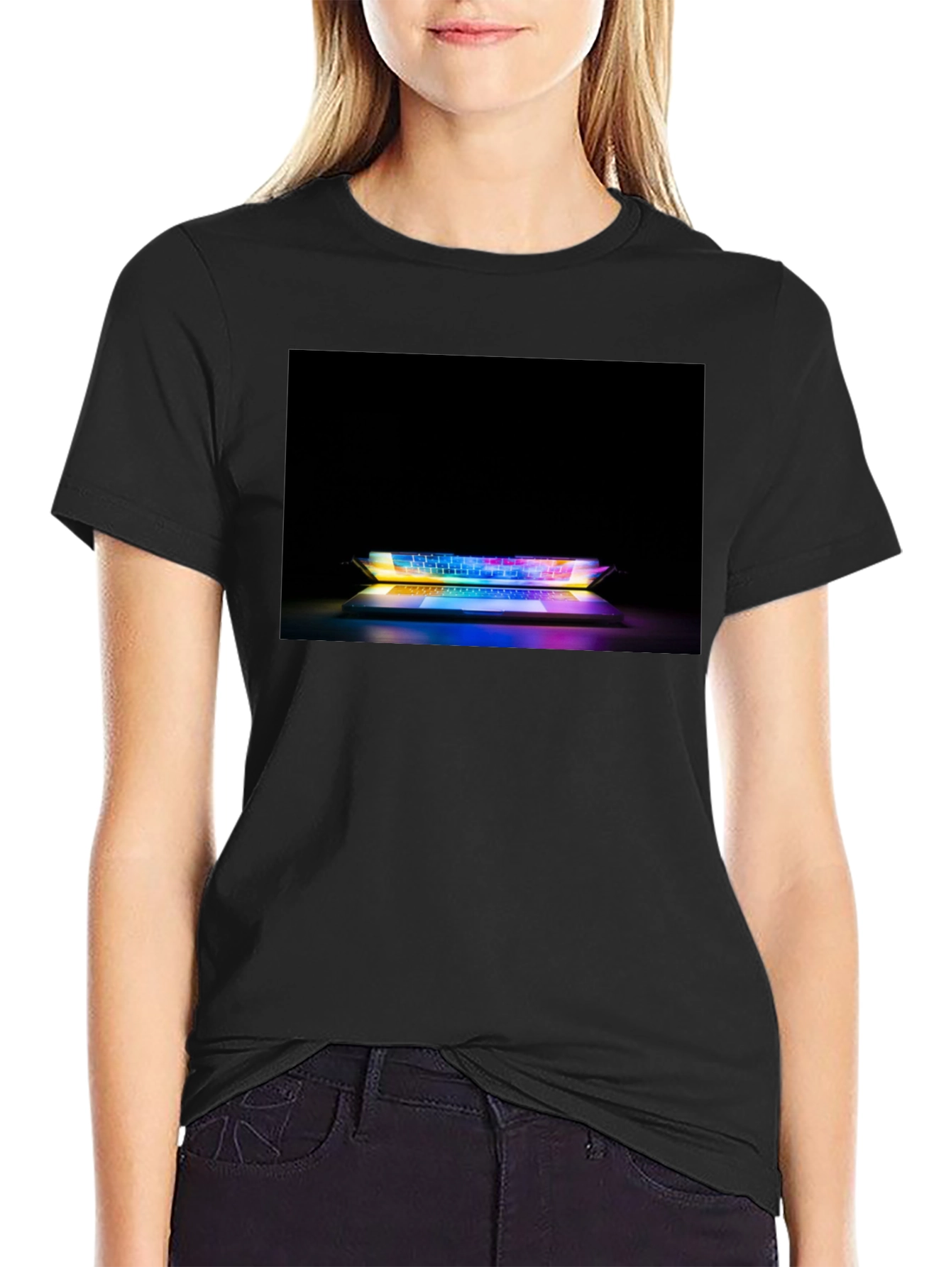 Black Gaming Keyboard T-Shirt - Light Up Laptop Design view 2