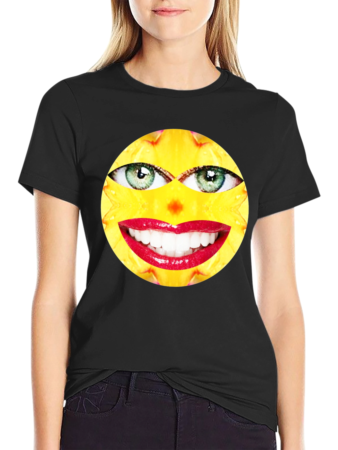 Black Funny Face Graphic Print Black T-Shirt view 2