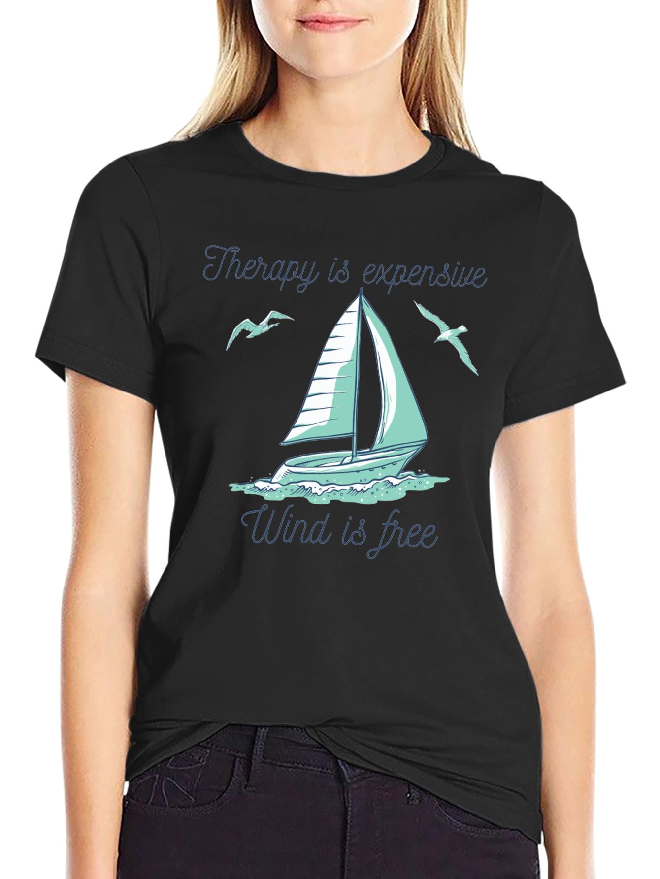 Black Therapy Is Expensive Wind Is Free Black T-Shirt view 2