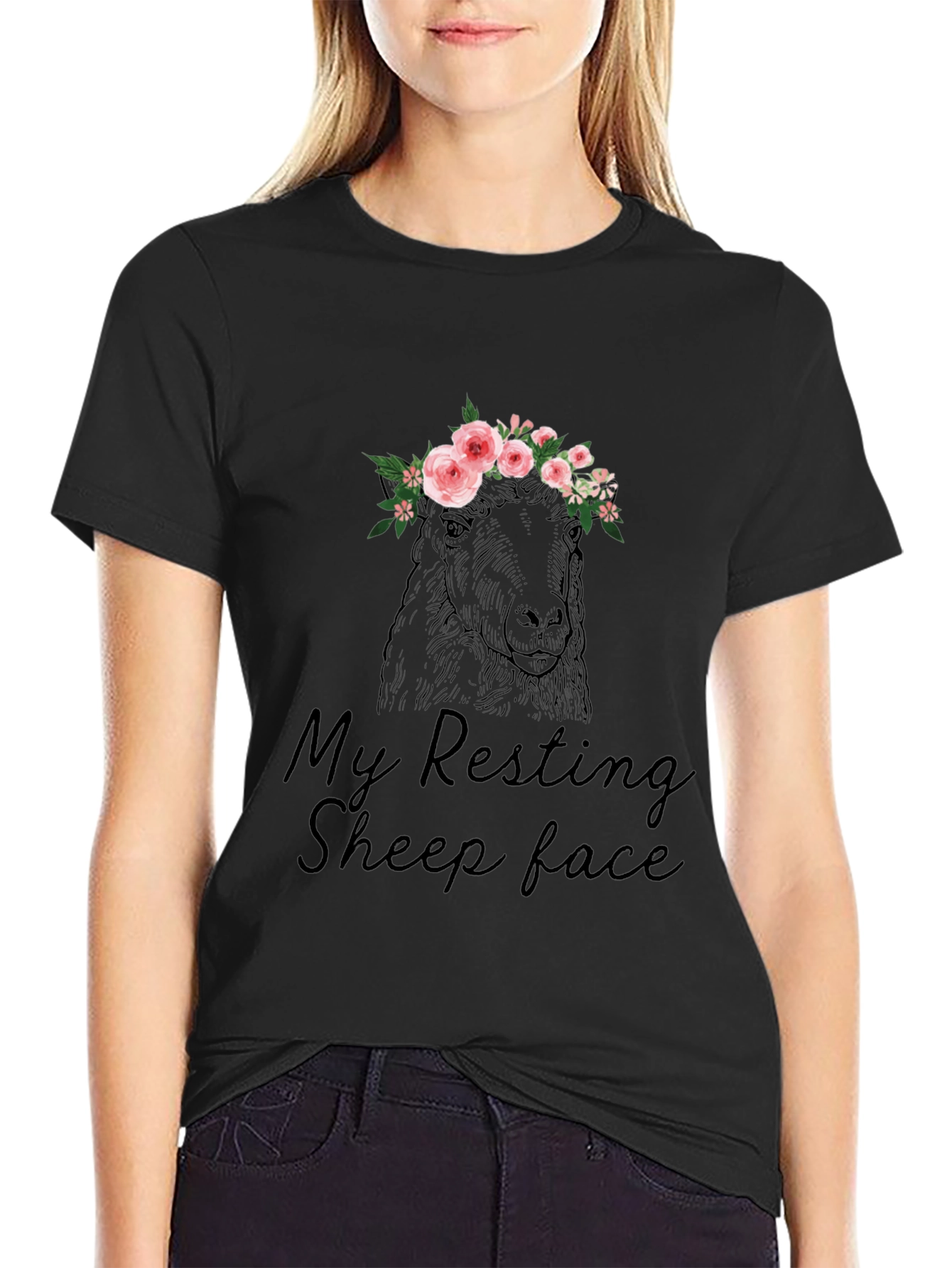 Black Resting Sheep Face Graphic T-Shirt - Black Cotton Tee view 2