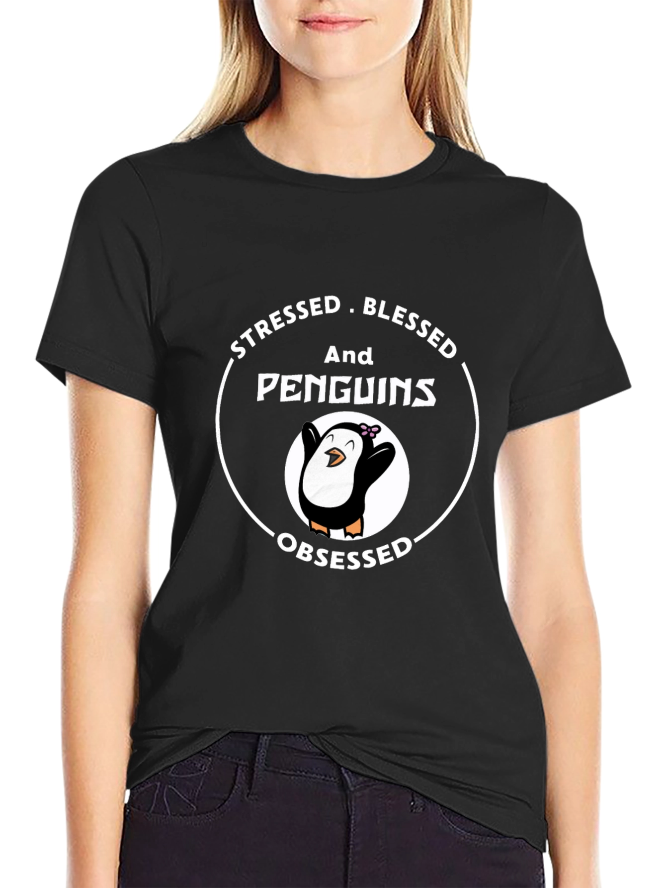 Black Stressed Blessed Penguins Obsessed T-Shirt view 2